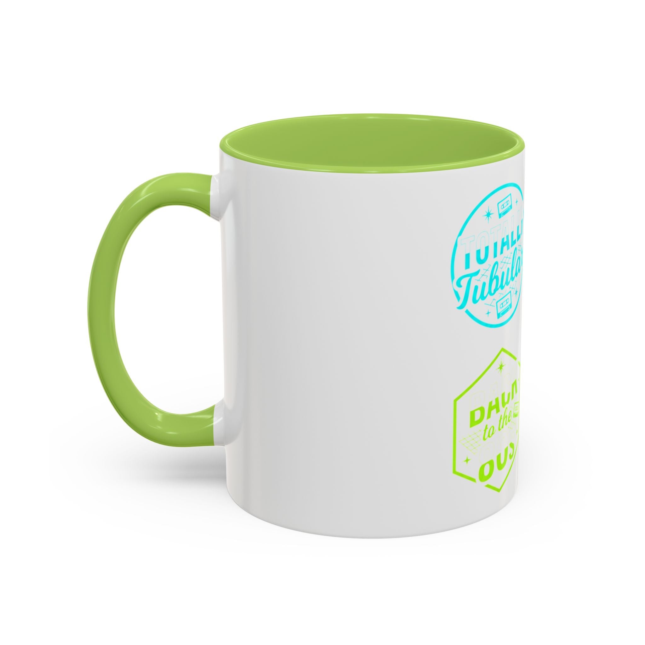 Retro Gamer Badge Accent Coffee Mug — Neon 'Totally Tubular' & 80s Gamer Icons (11/15oz)