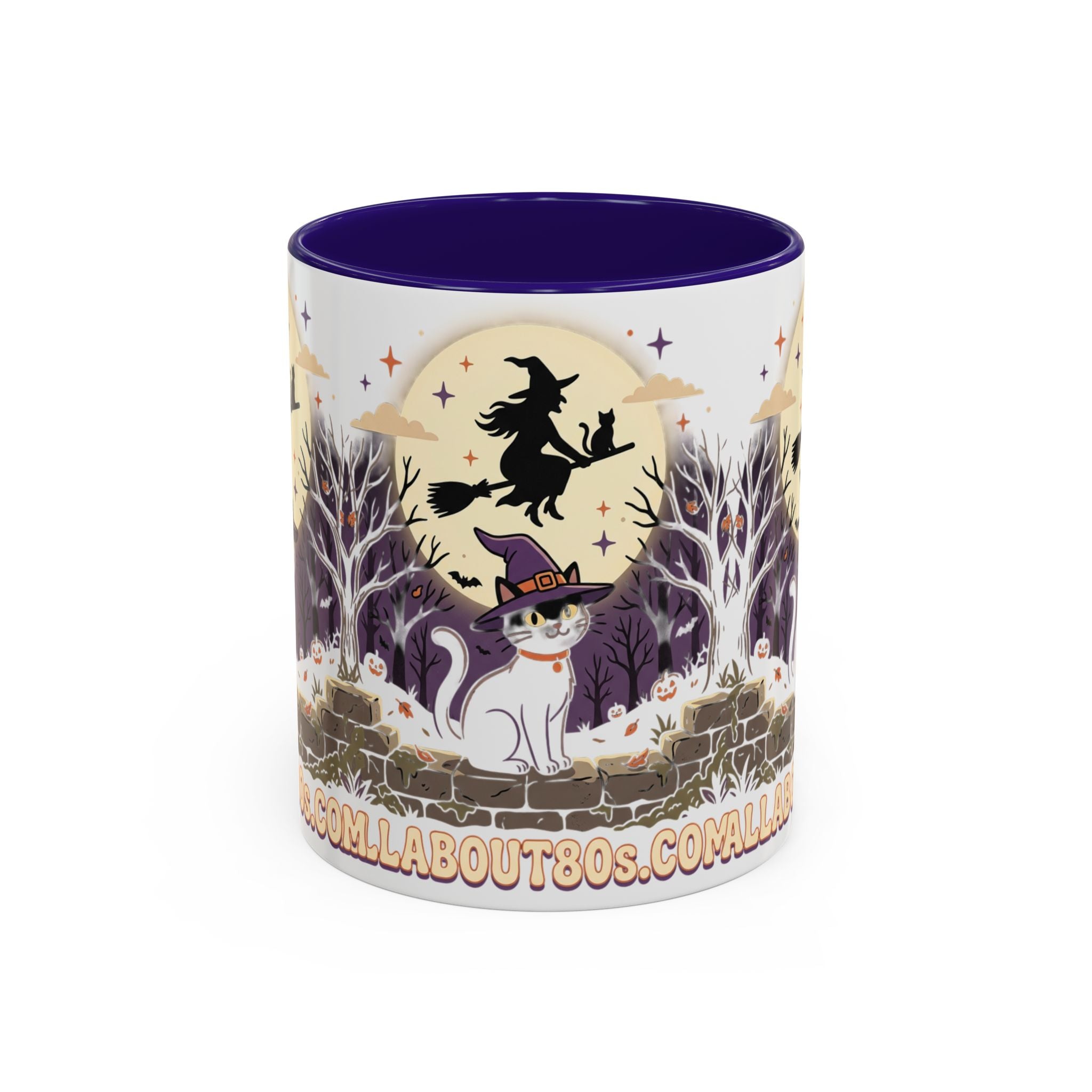 Halloween Cat Witch Mug – Cute Witch Hat Cat with Flying Witch Silhouette (11oz/15oz)