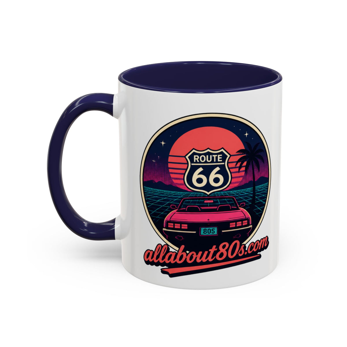Route 66 Retro 80s Accent Coffee Mug — 'allabout80s' Vintage Sunset Design (11/15oz)