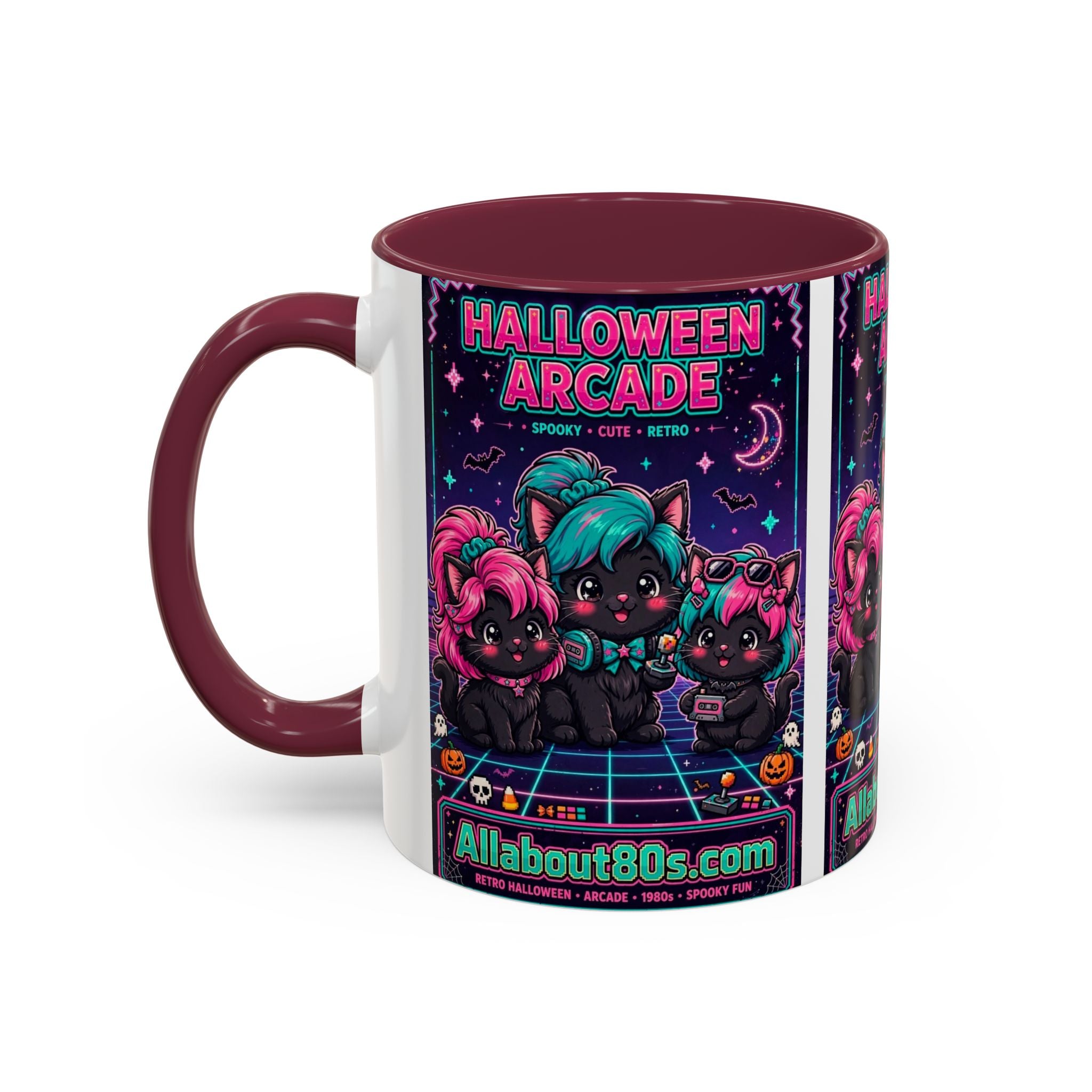 Halloween Arcade Mug — Cute Retro 80s Cat Gamers (11oz/15oz)