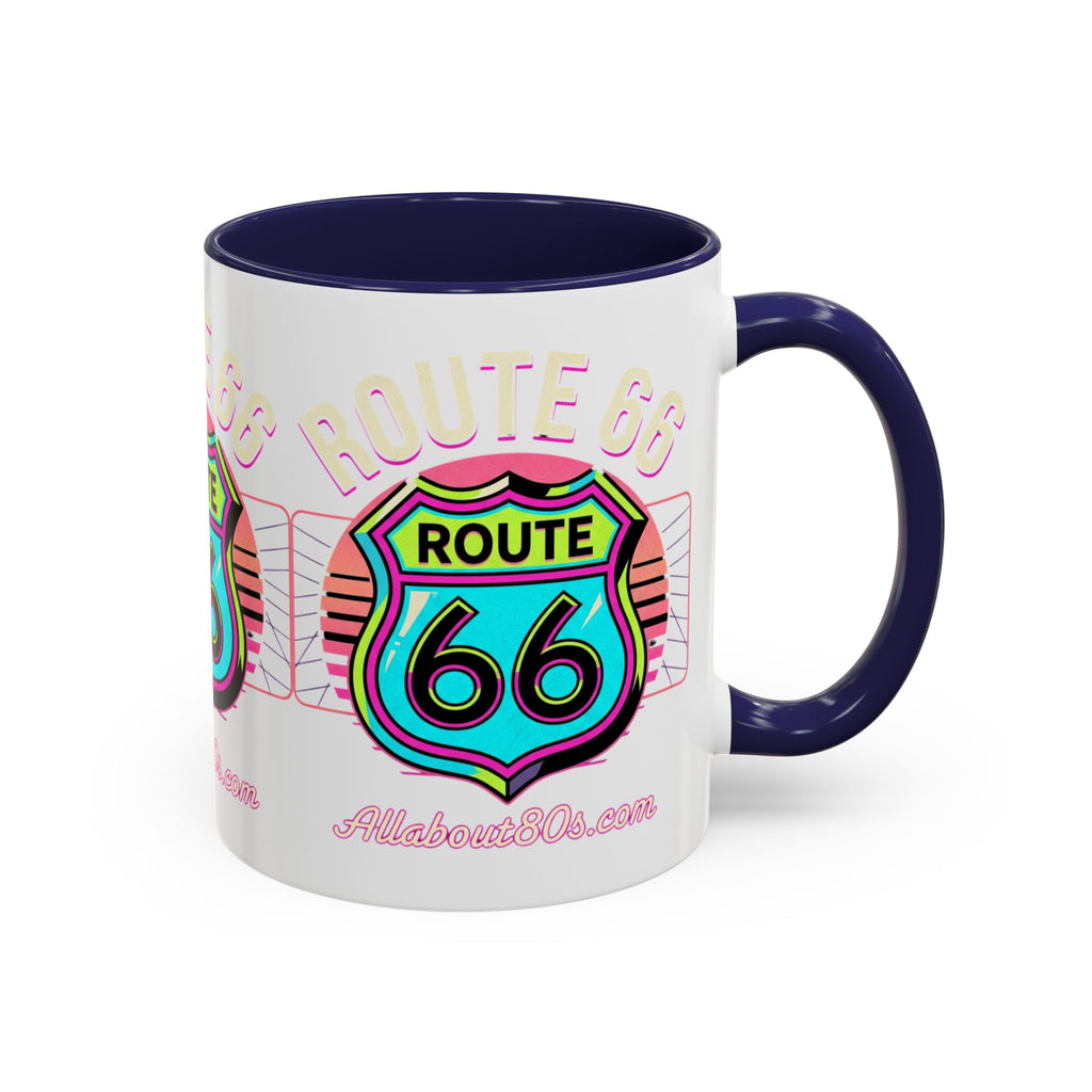 Route 66 Neon Shield Accent Coffee Mug — Retro Road Trip Travel Gift (11/15 oz)
