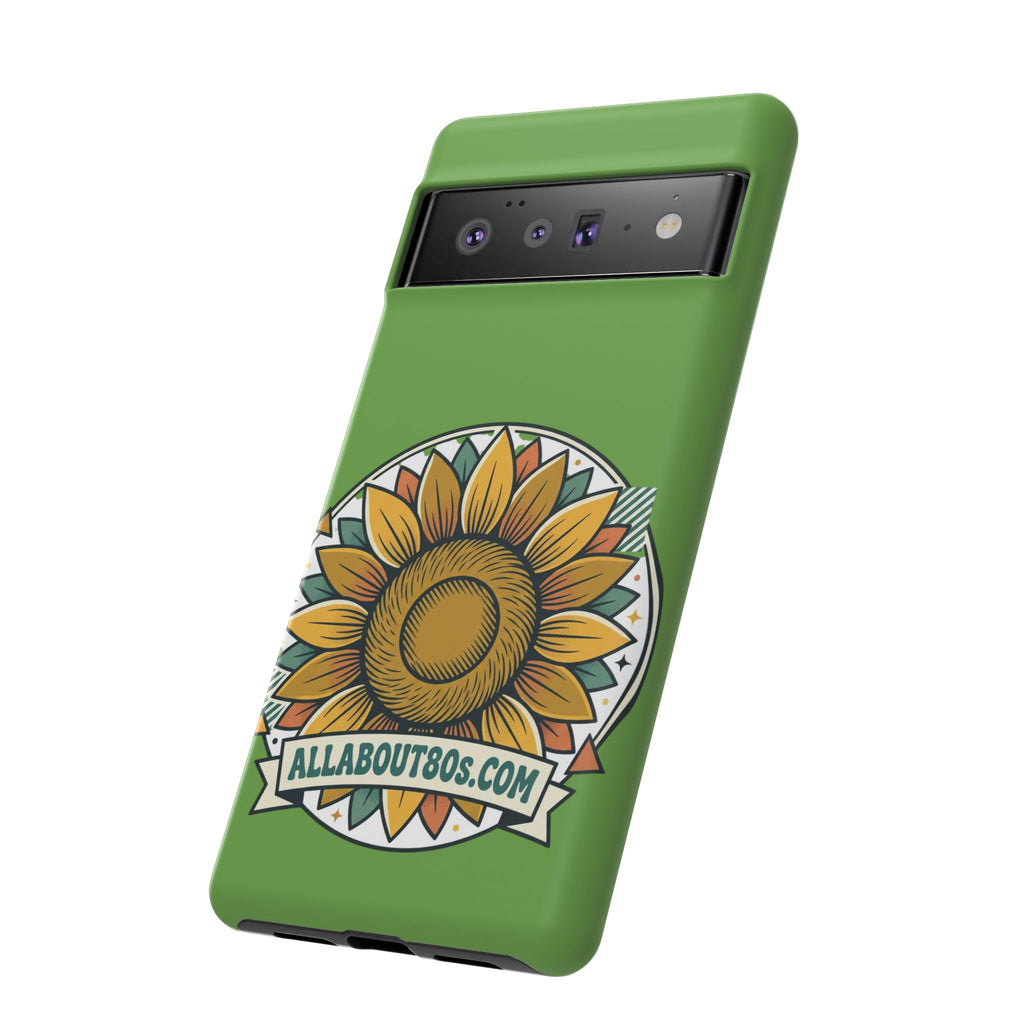 Sunflower Tough Phone Case – Green Floral Protective Case with "AllAbout80s.com" Banner