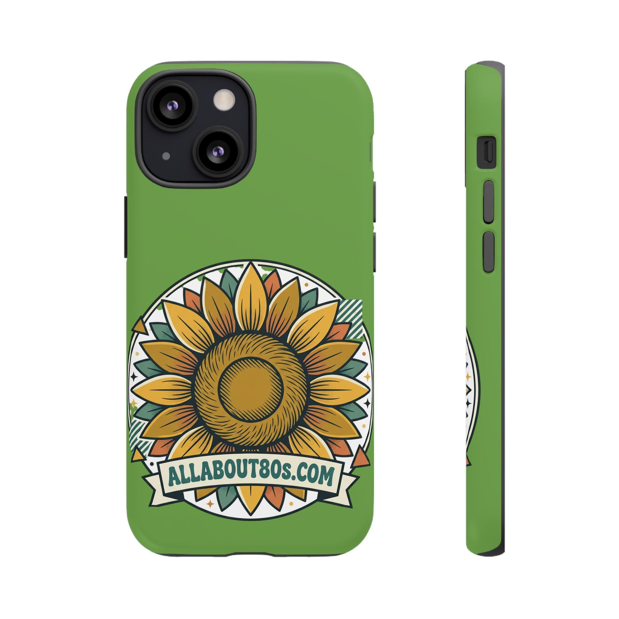 Sunflower Tough Phone Case – Green Floral Protective Case with "AllAbout80s.com" Banner