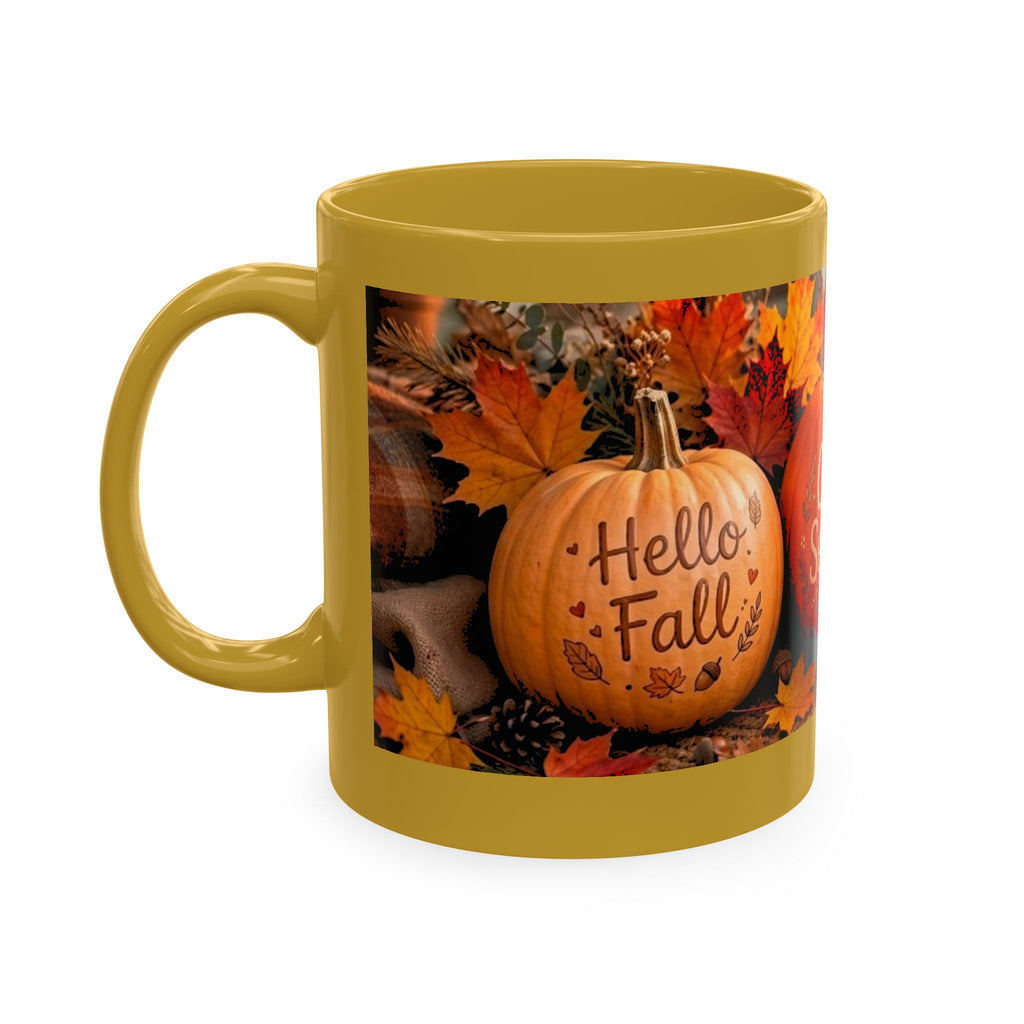 Hello Fall Ceramic Mug — Cozy Pumpkin & Autumn Leaves Coffee Cup