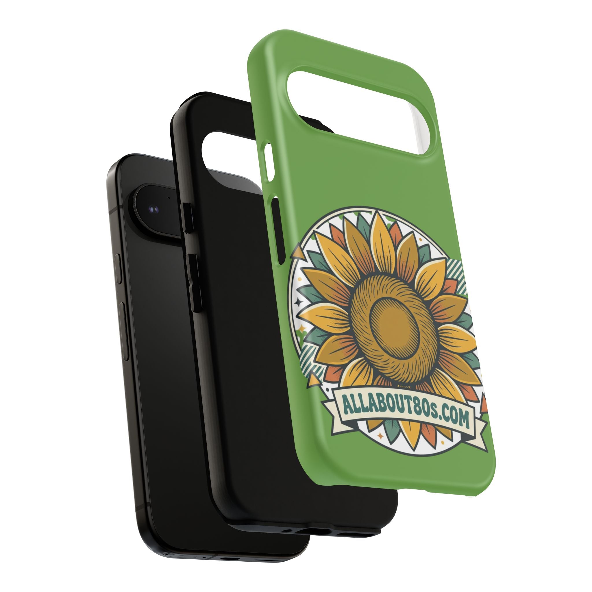 Sunflower Tough Phone Case – Green Floral Protective Case with "AllAbout80s.com" Banner