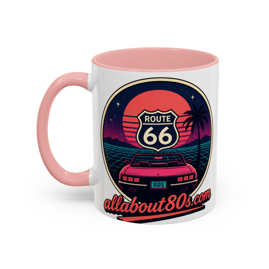 Route 66 Retro 80s Accent Coffee Mug — 'allabout80s' Vintage Sunset Design (11/15oz)