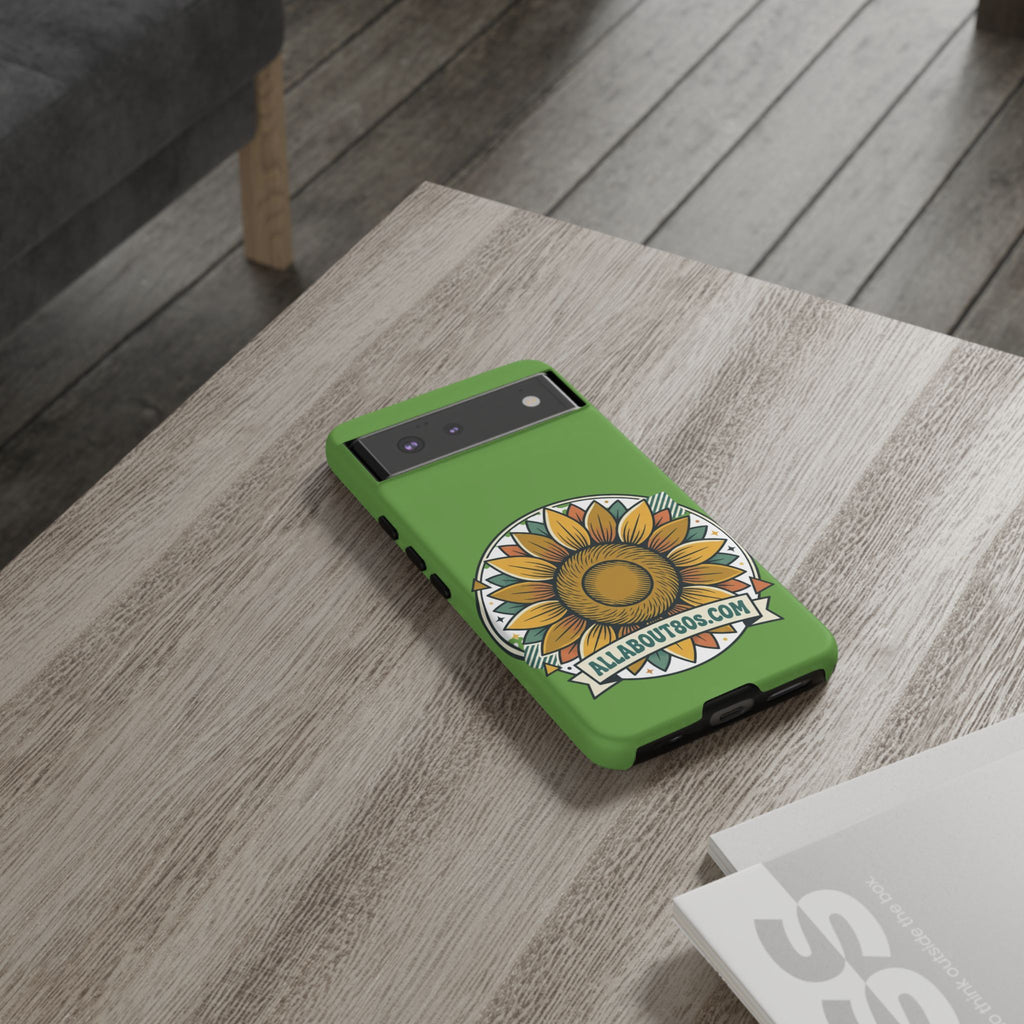 Sunflower Tough Phone Case – Green Floral Protective Case with "AllAbout80s.com" Banner