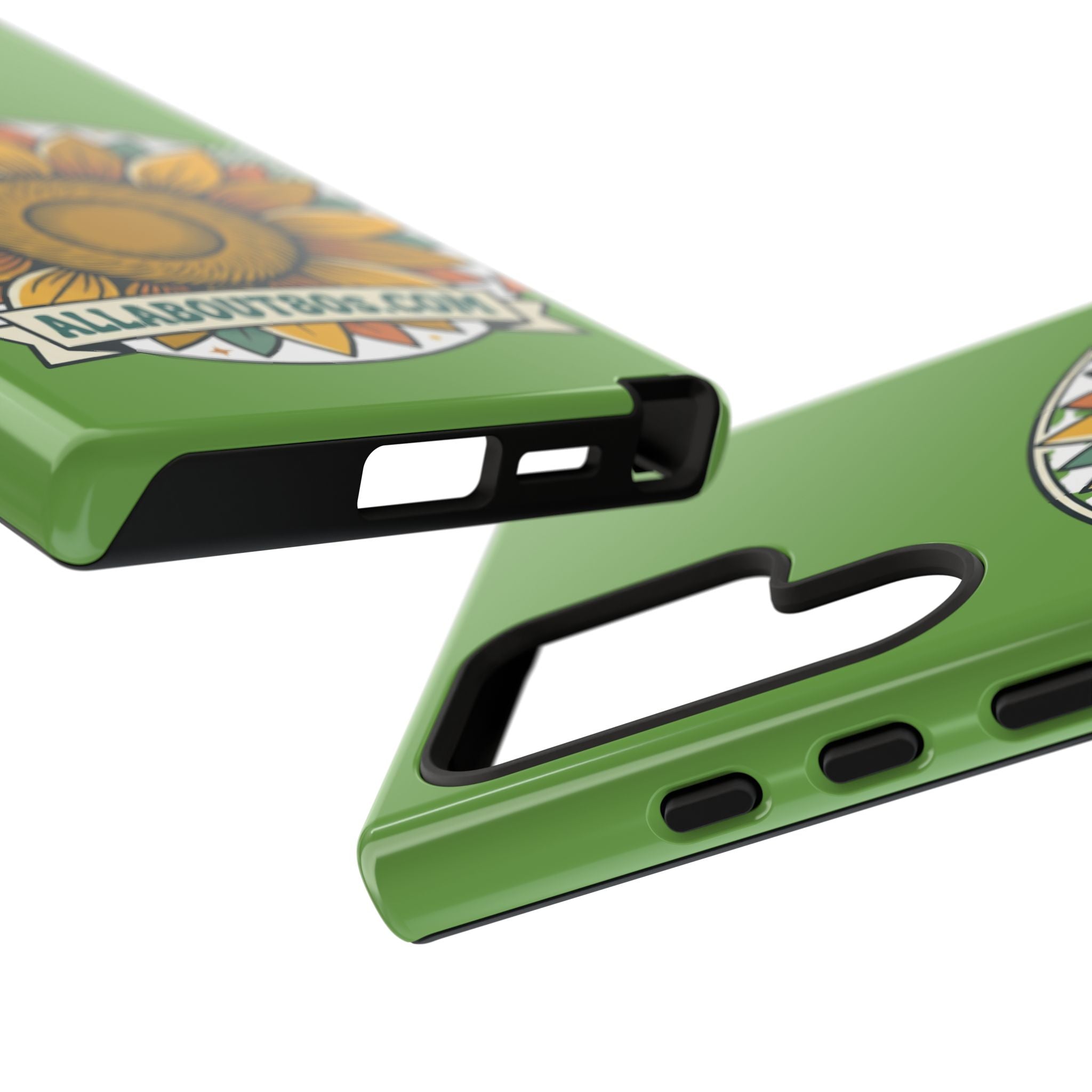 Sunflower Tough Phone Case – Green Floral Protective Case with "AllAbout80s.com" Banner