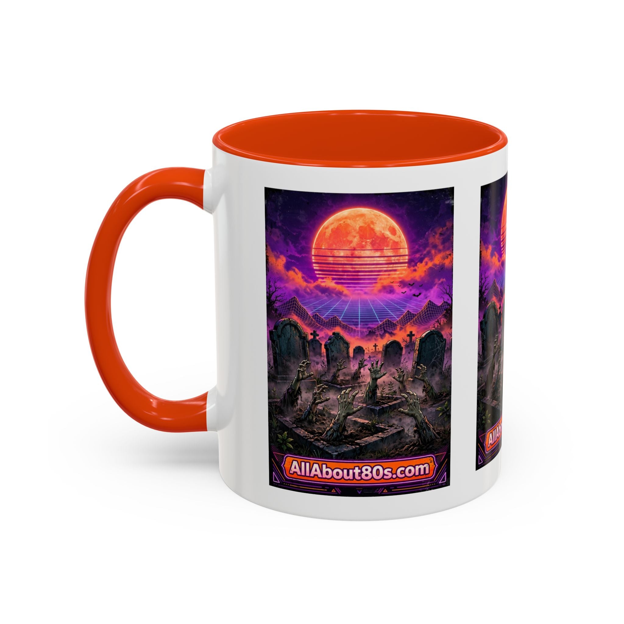 80s Retro Graveyard Sunset Mug — Vaporwave Neon Coffins Coffee Cup (11oz/15oz)
