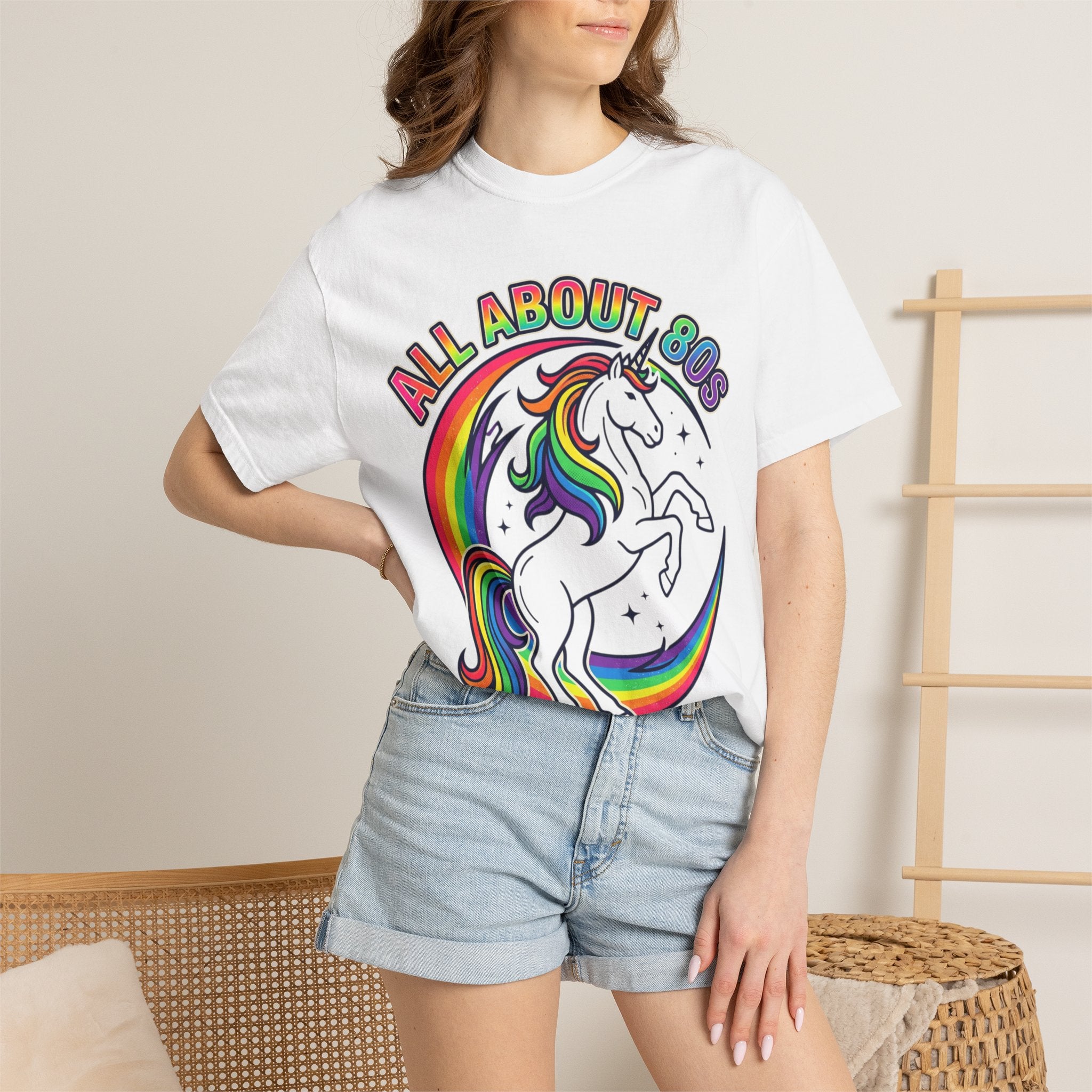 All About 80s Unicorn T-Shirt — Retro Rainbow 80s Graphic Tee