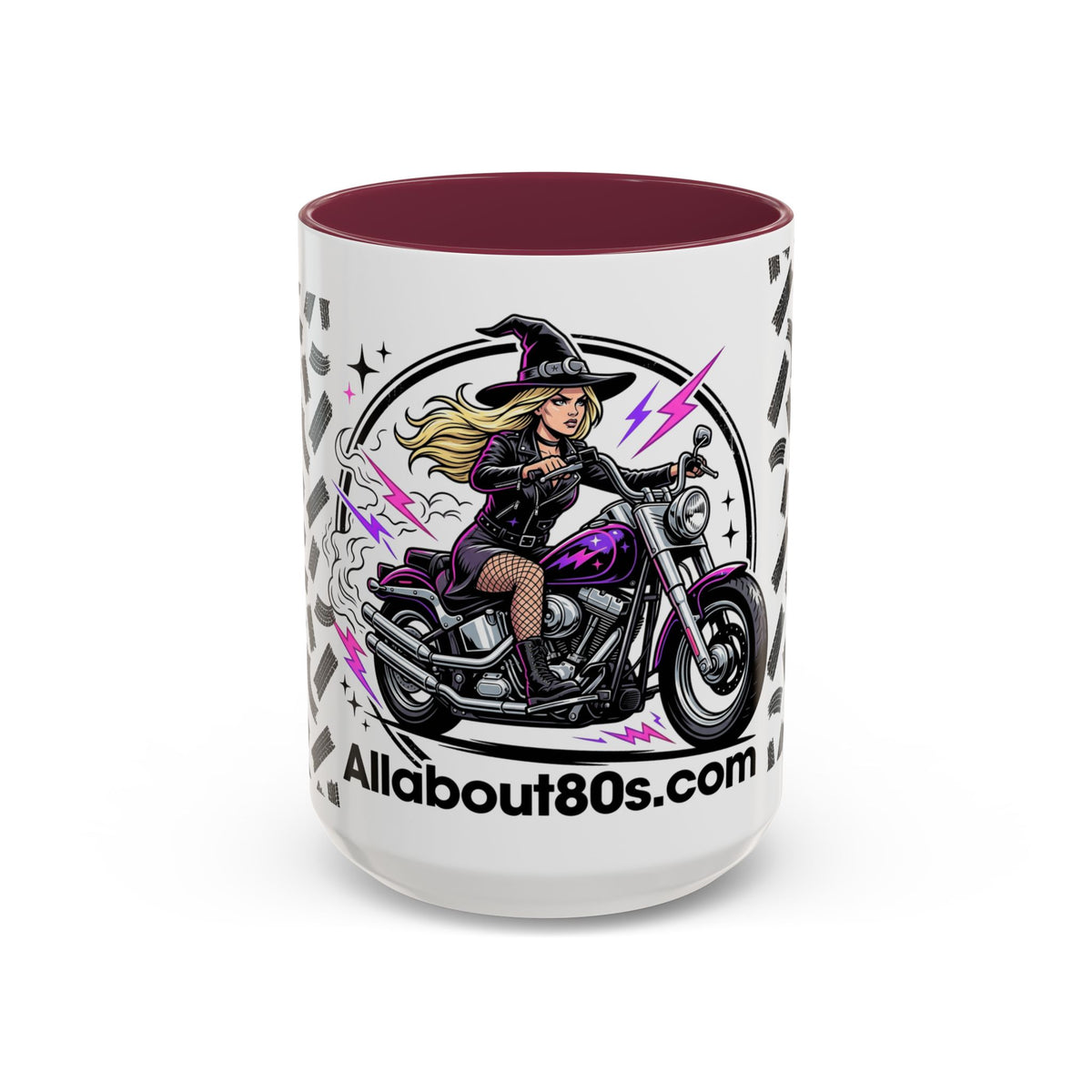 Witch Biker Motorcycle Mug — Retro 80s Neon Witch on Bike Coffee Cup (11oz/15oz)