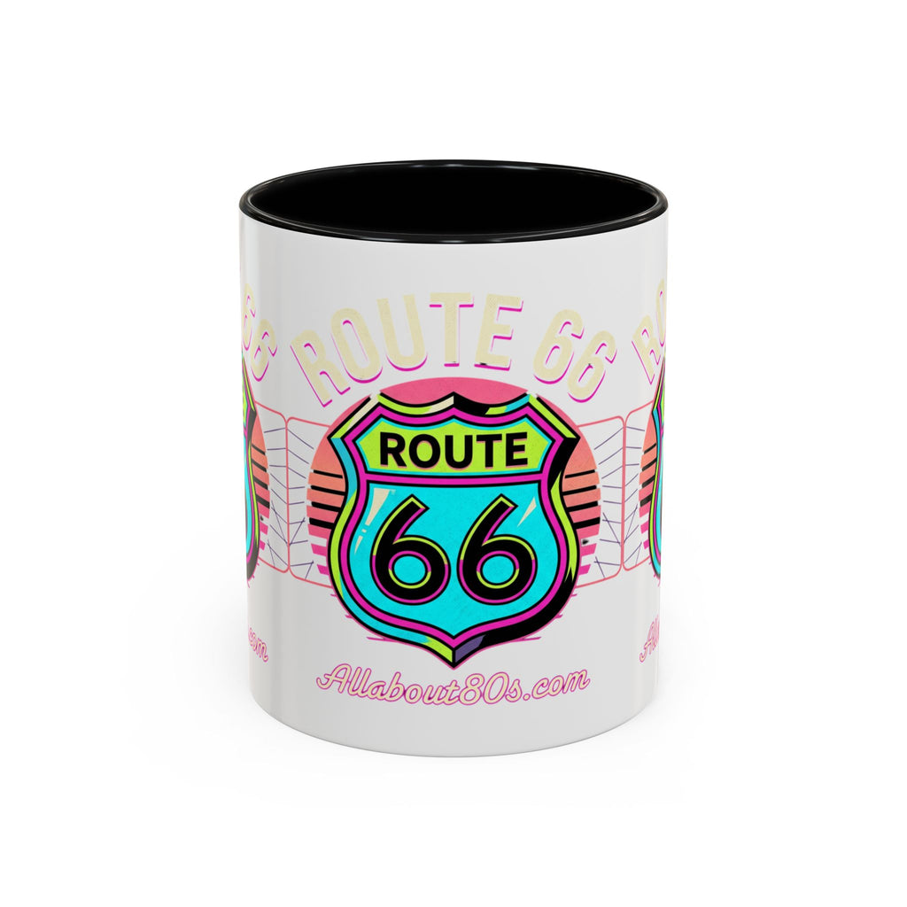 Route 66 Neon Shield Accent Coffee Mug — Retro Road Trip Travel Gift (11/15 oz)