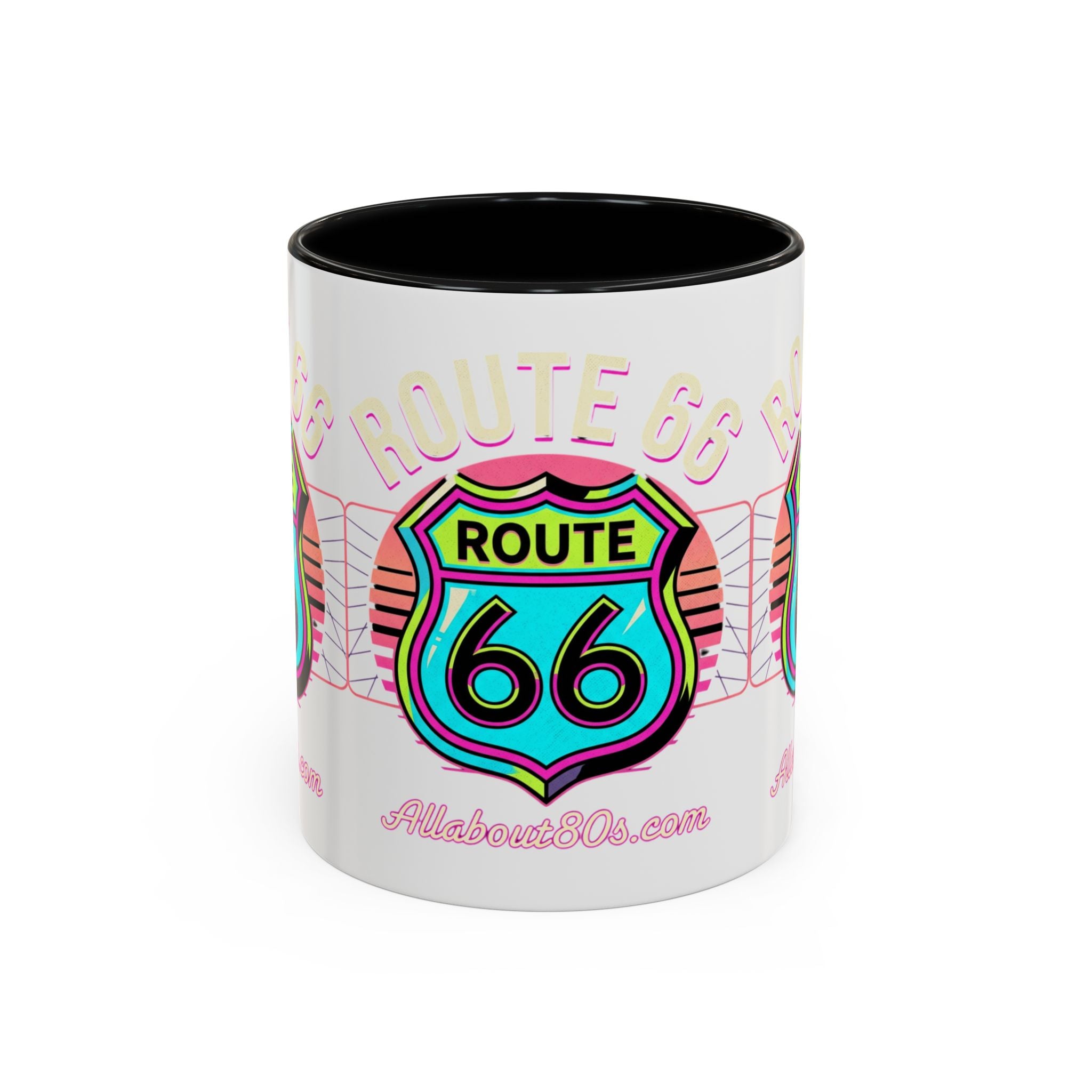 Route 66 Neon Shield Accent Coffee Mug — Retro Road Trip Travel Gift (11/15 oz)