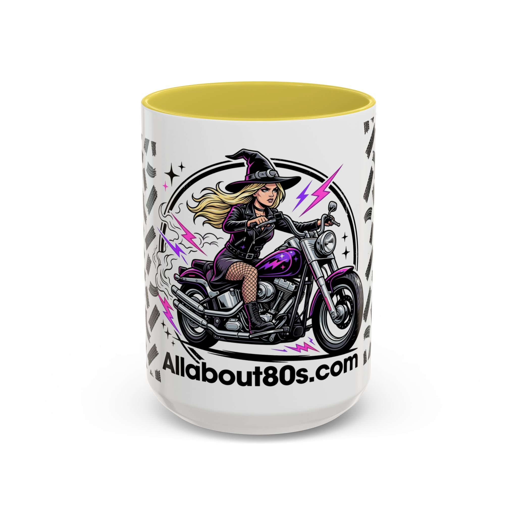 Witch Biker Motorcycle Mug — Retro 80s Neon Witch on Bike Coffee Cup (11oz/15oz)