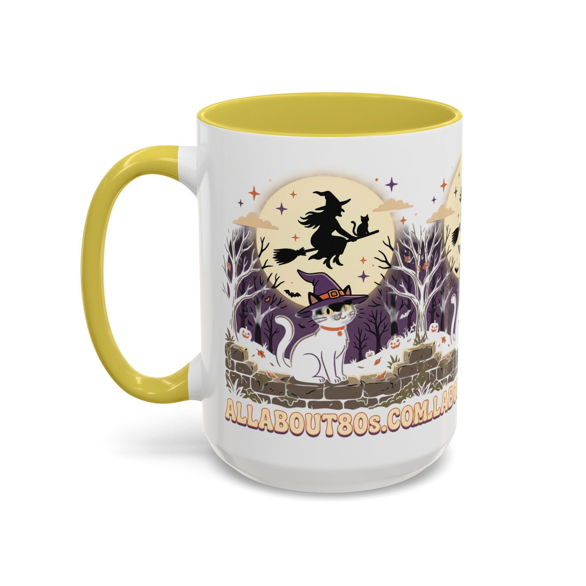 Halloween Cat Witch Mug – Cute Witch Hat Cat with Flying Witch Silhouette (11oz/15oz)