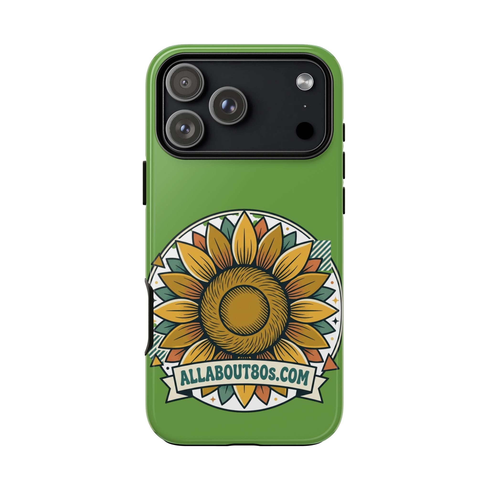 Sunflower Tough Phone Case – Green Floral Protective Case with "AllAbout80s.com" Banner