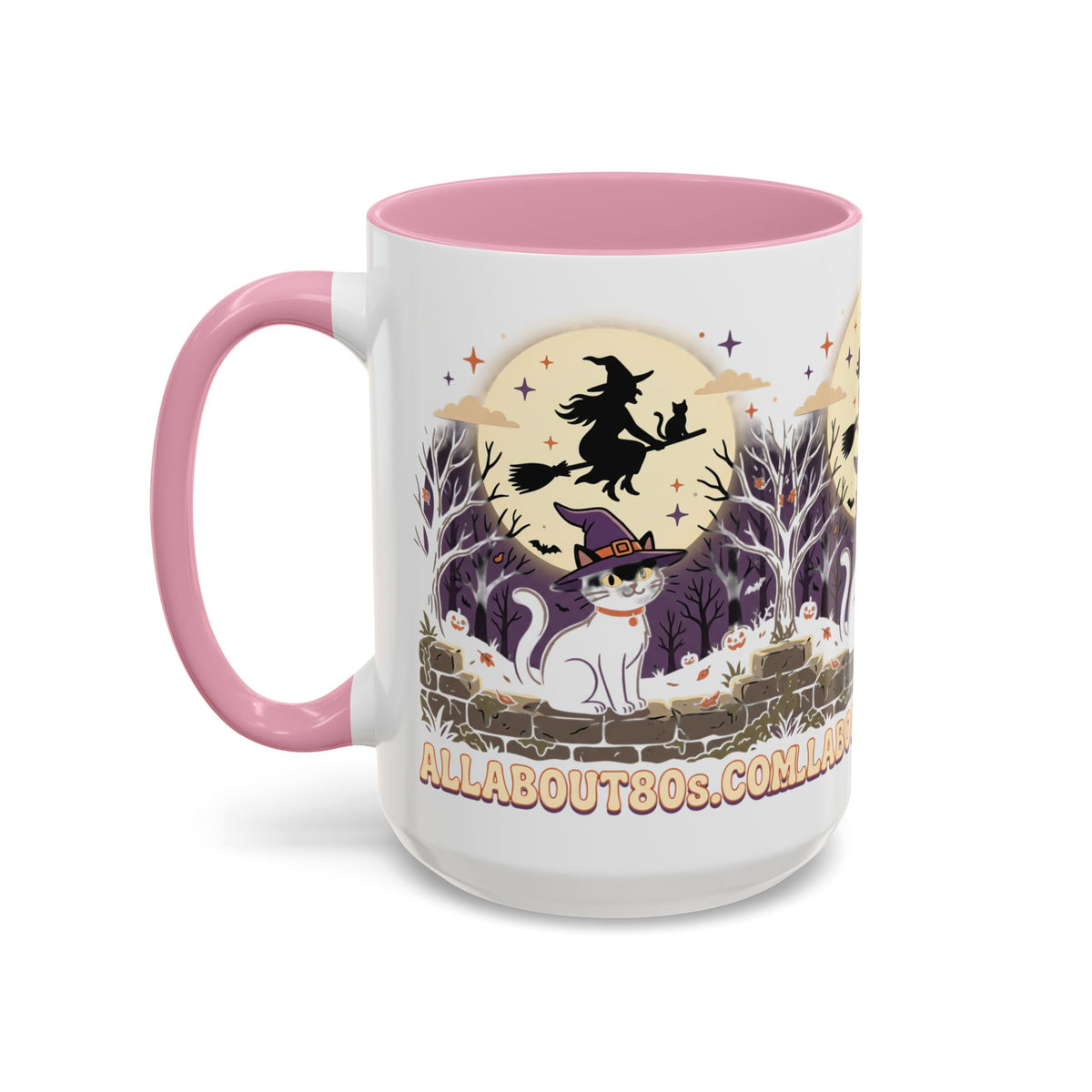 Halloween Cat Witch Mug – Cute Witch Hat Cat with Flying Witch Silhouette (11oz/15oz)