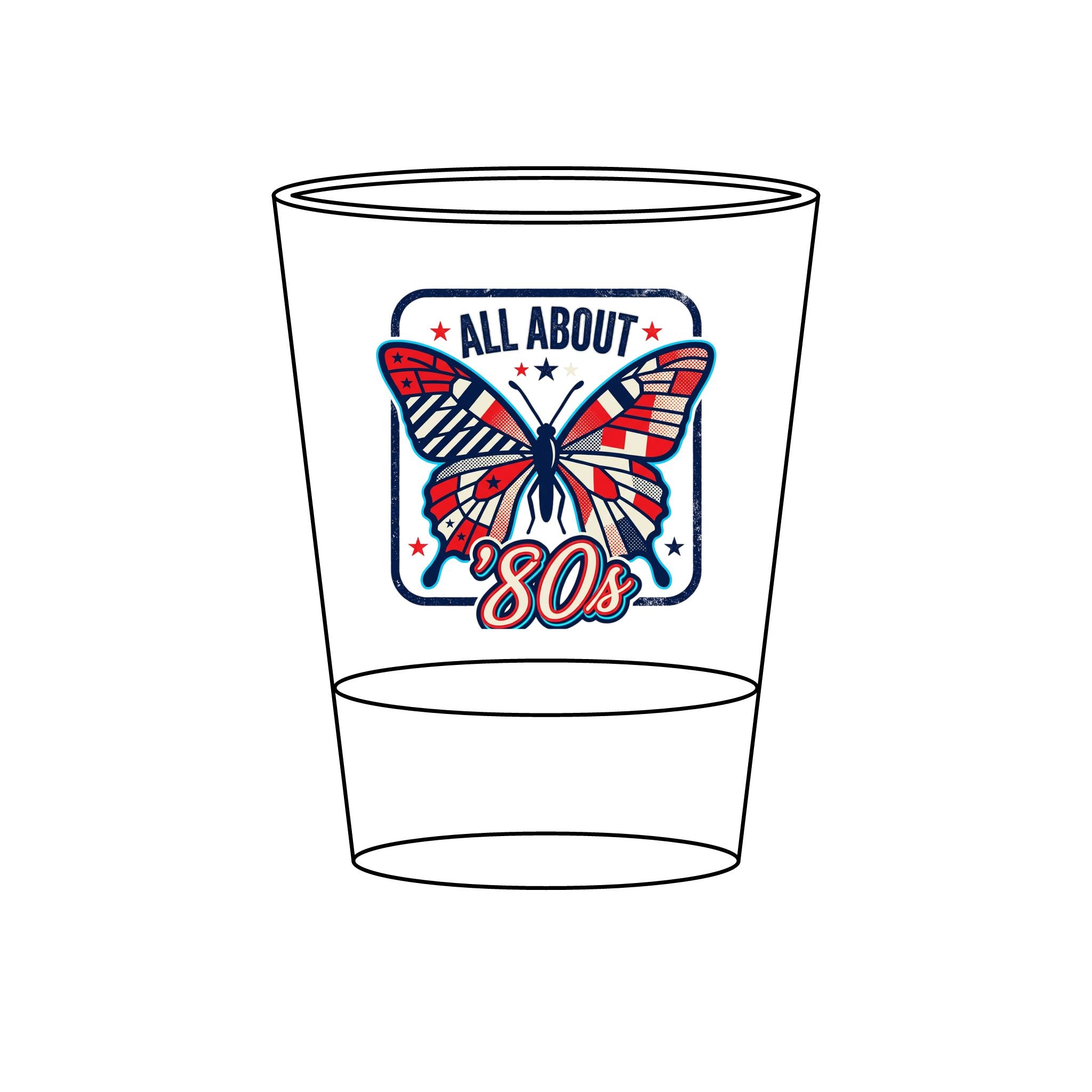 80s Butterfly Shot Glass – 'All About 80s' Patriotic Retro Engraved 1.5oz