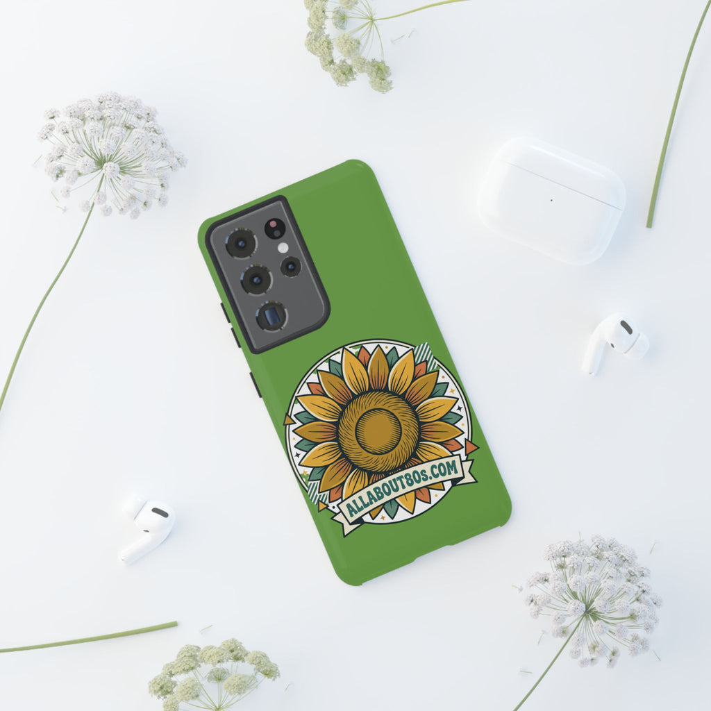 Sunflower Tough Phone Case – Green Floral Protective Case with "AllAbout80s.com" Banner