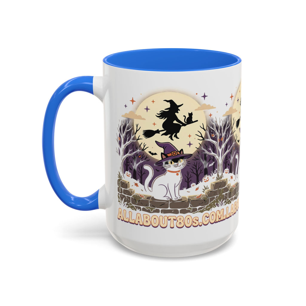 Halloween Cat Witch Mug – Cute Witch Hat Cat with Flying Witch Silhouette (11oz/15oz)