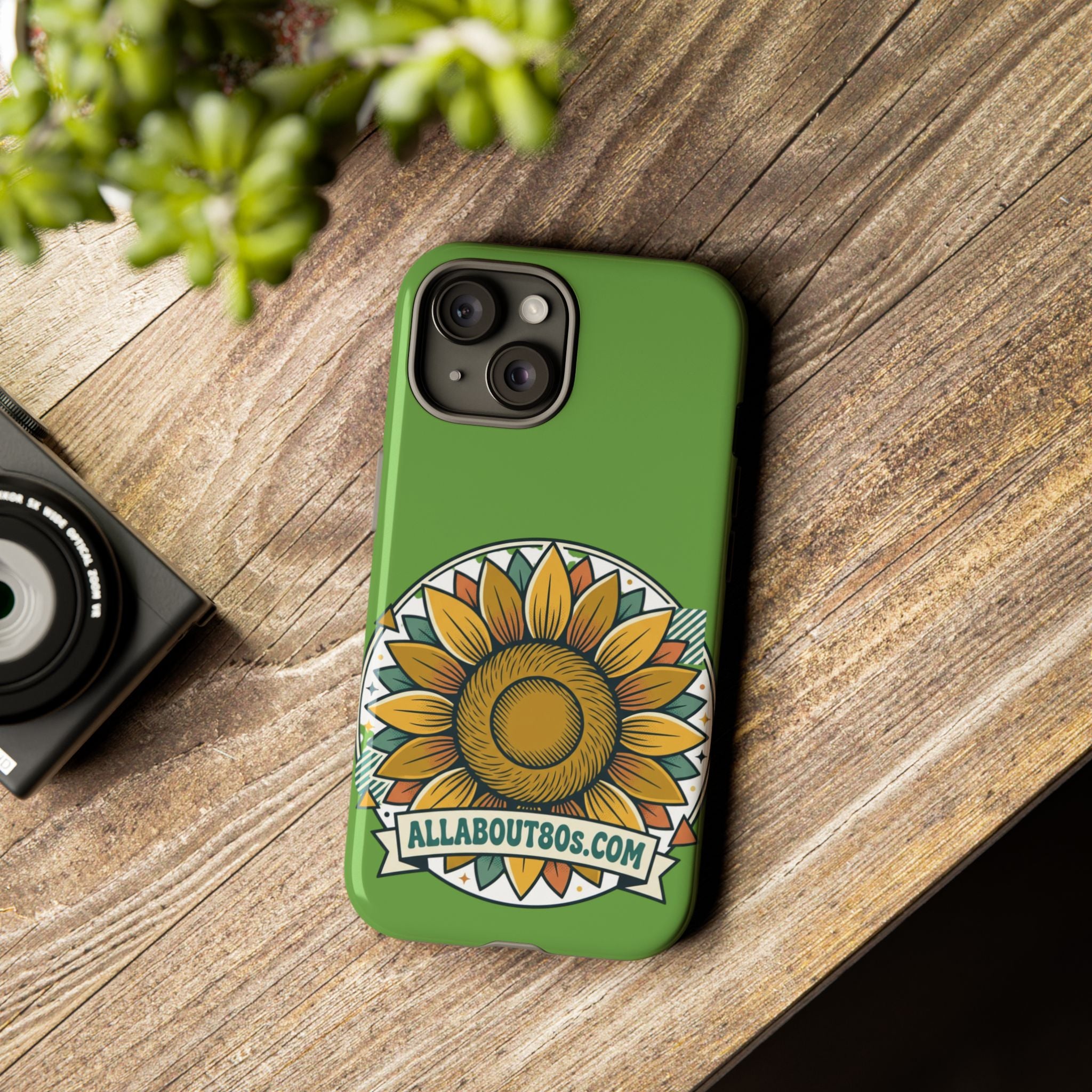 Sunflower Tough Phone Case – Green Floral Protective Case with "AllAbout80s.com" Banner