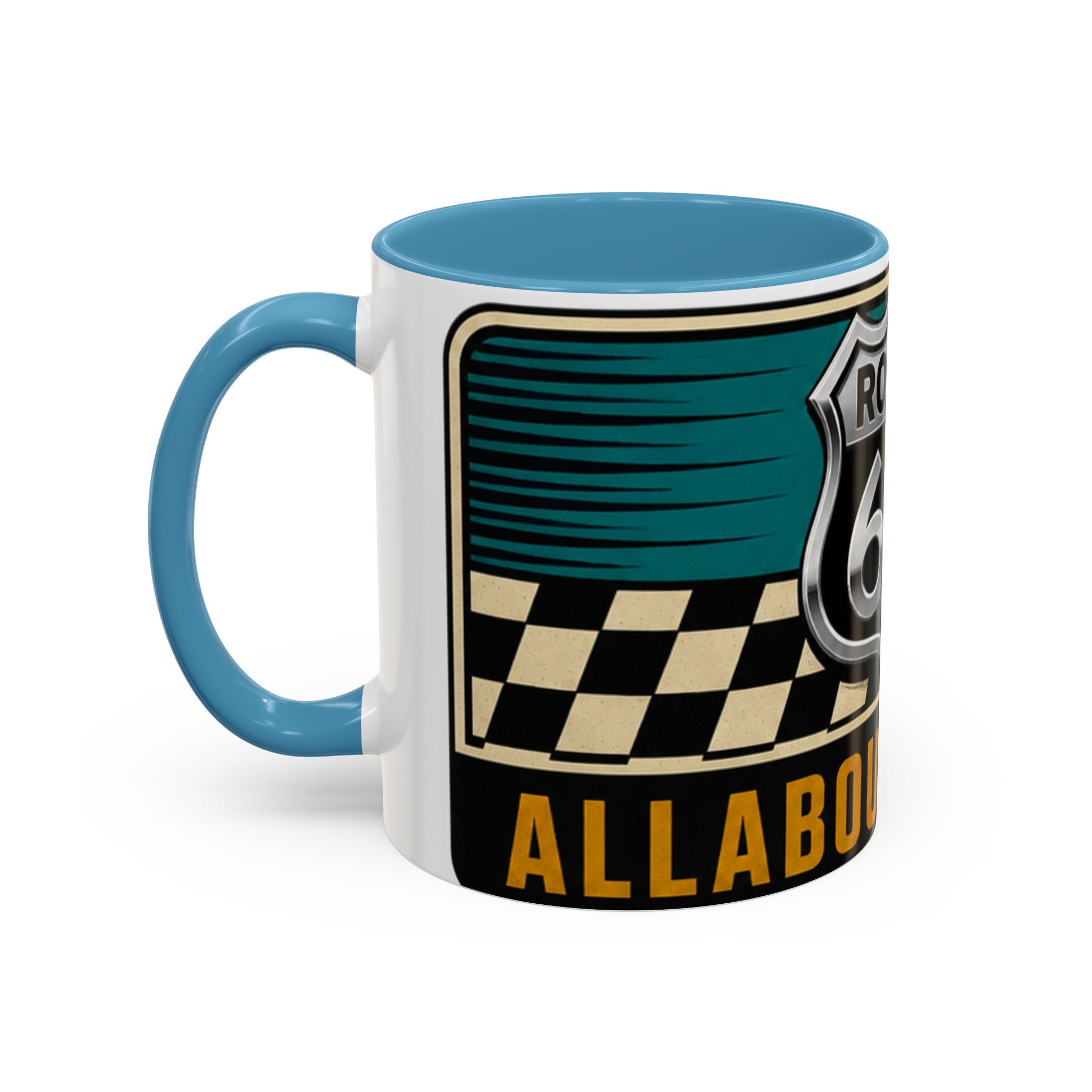 Route 66 Retro Checkerboard Coffee Mug — Vintage Road Trip 11/15oz Accent Mug