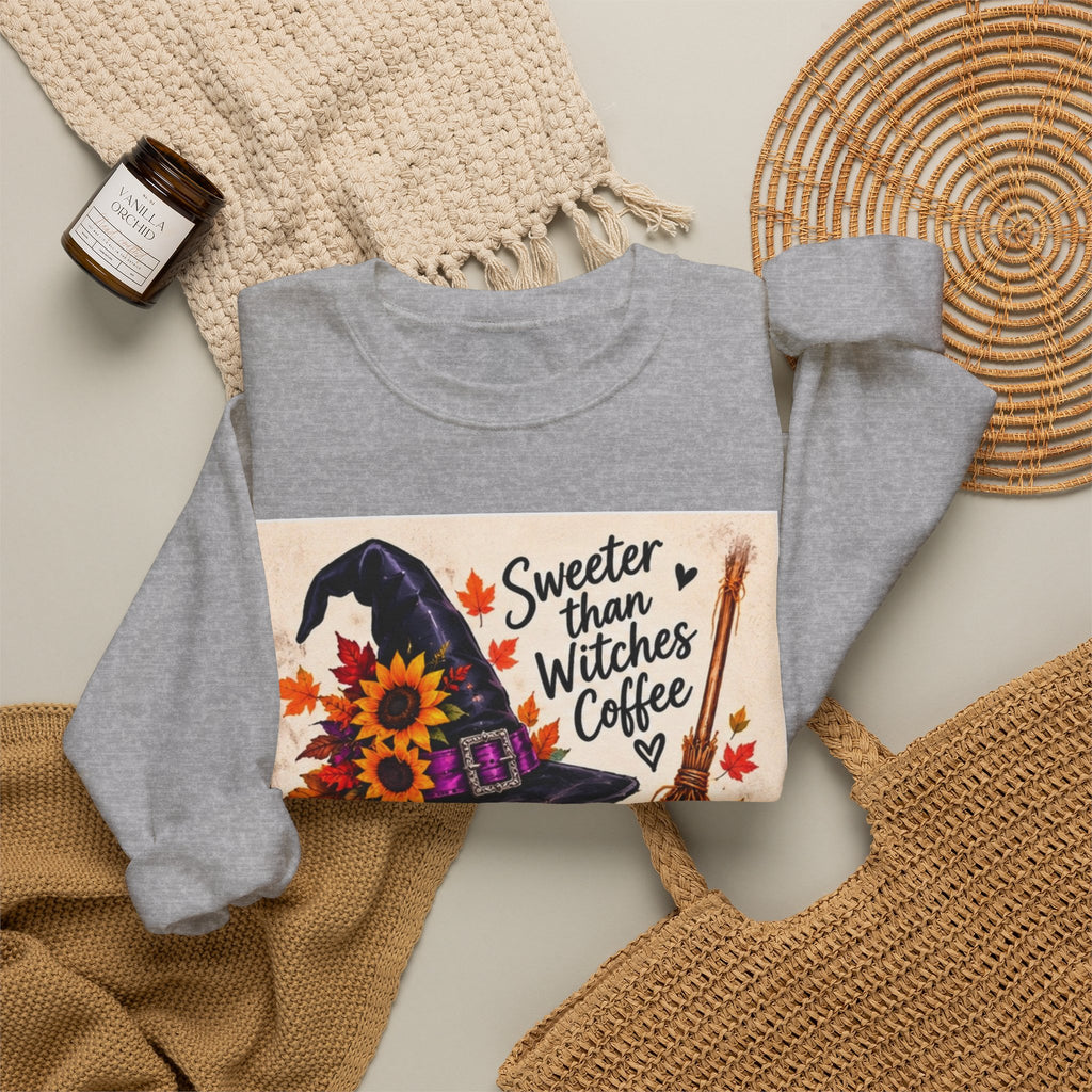 Sweater — 'Sweeter Than Witches Coffee' Halloween Witch Graphic Crewneck Sweatshirt