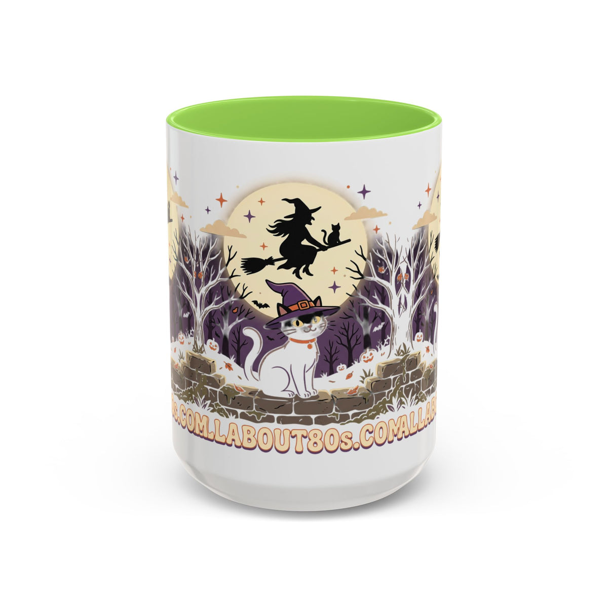 Halloween Cat Witch Mug – Cute Witch Hat Cat with Flying Witch Silhouette (11oz/15oz)