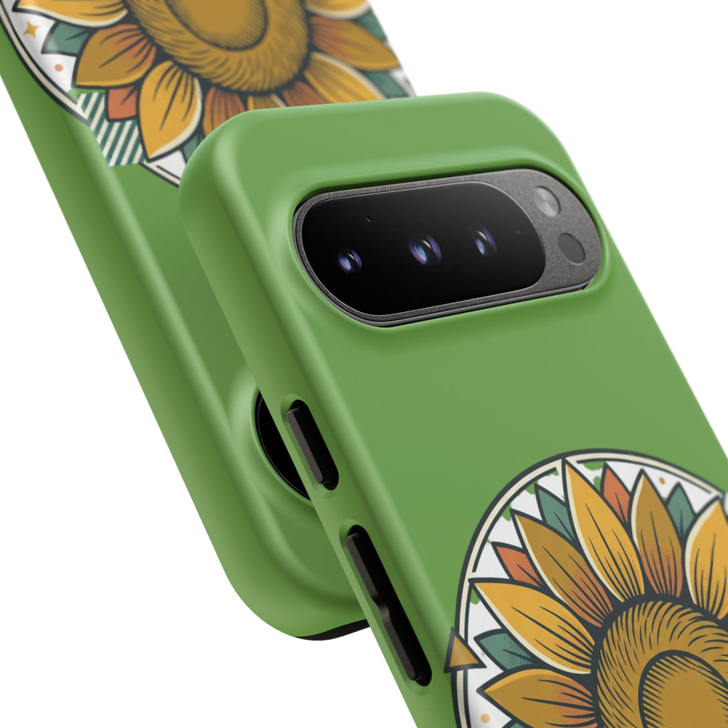 Sunflower Tough Phone Case – Green Floral Protective Case with "AllAbout80s.com" Banner