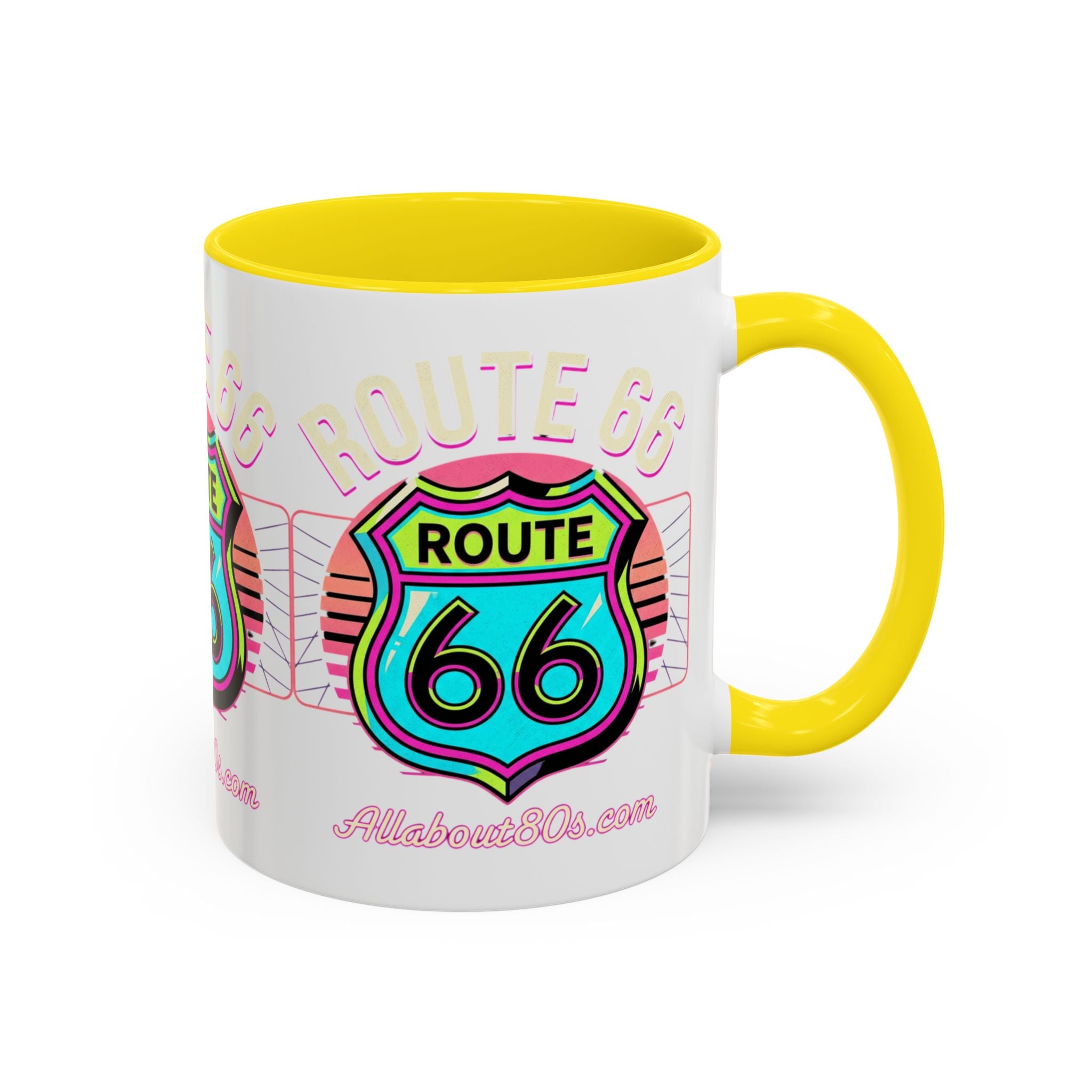 Route 66 Neon Shield Accent Coffee Mug — Retro Road Trip Travel Gift (11/15 oz)