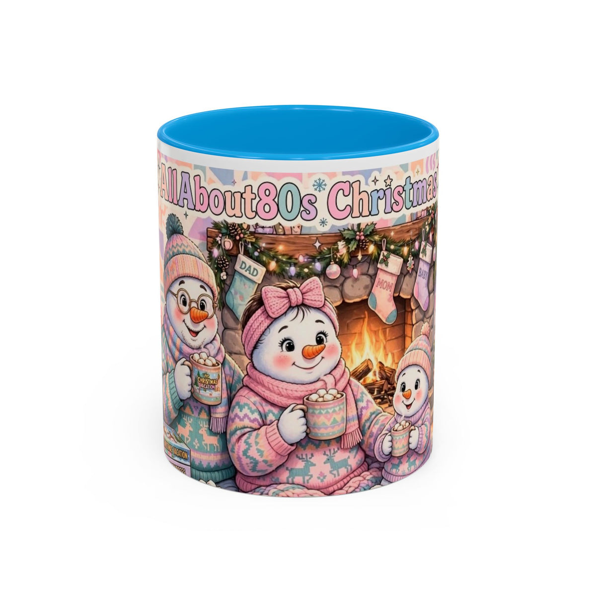 Cute Snowman Christmas Mug — 'All About 80s Christmas' Colorful Holiday Coffee Cup (11oz/15oz)