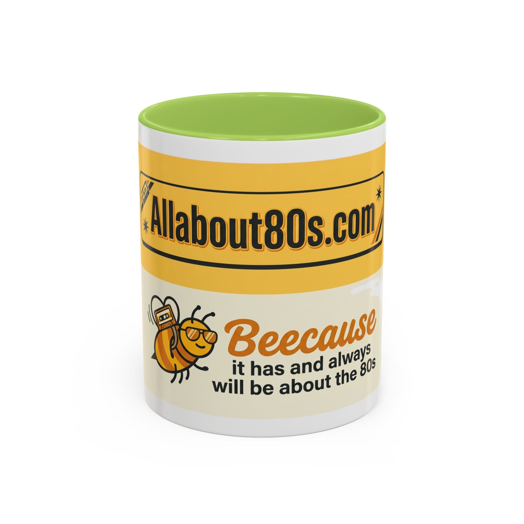 AllAbout80s 'Beecause' Accent Coffee Mug – Retro 80s Bee Design (11/15oz)