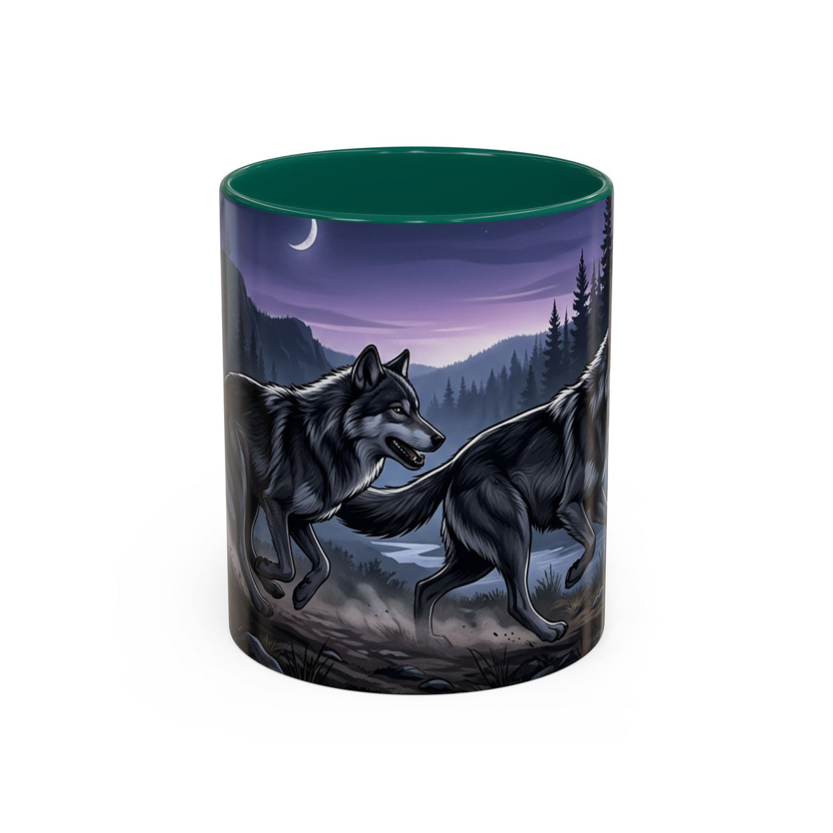 Wolf Pack Nightscape Mug — 11oz/15oz Scenic Black-Interior Coffee Cup