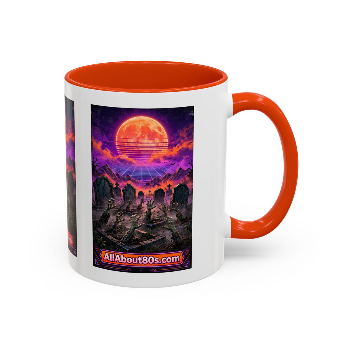 80s Retro Graveyard Sunset Mug — Vaporwave Neon Coffins Coffee Cup (11oz/15oz)