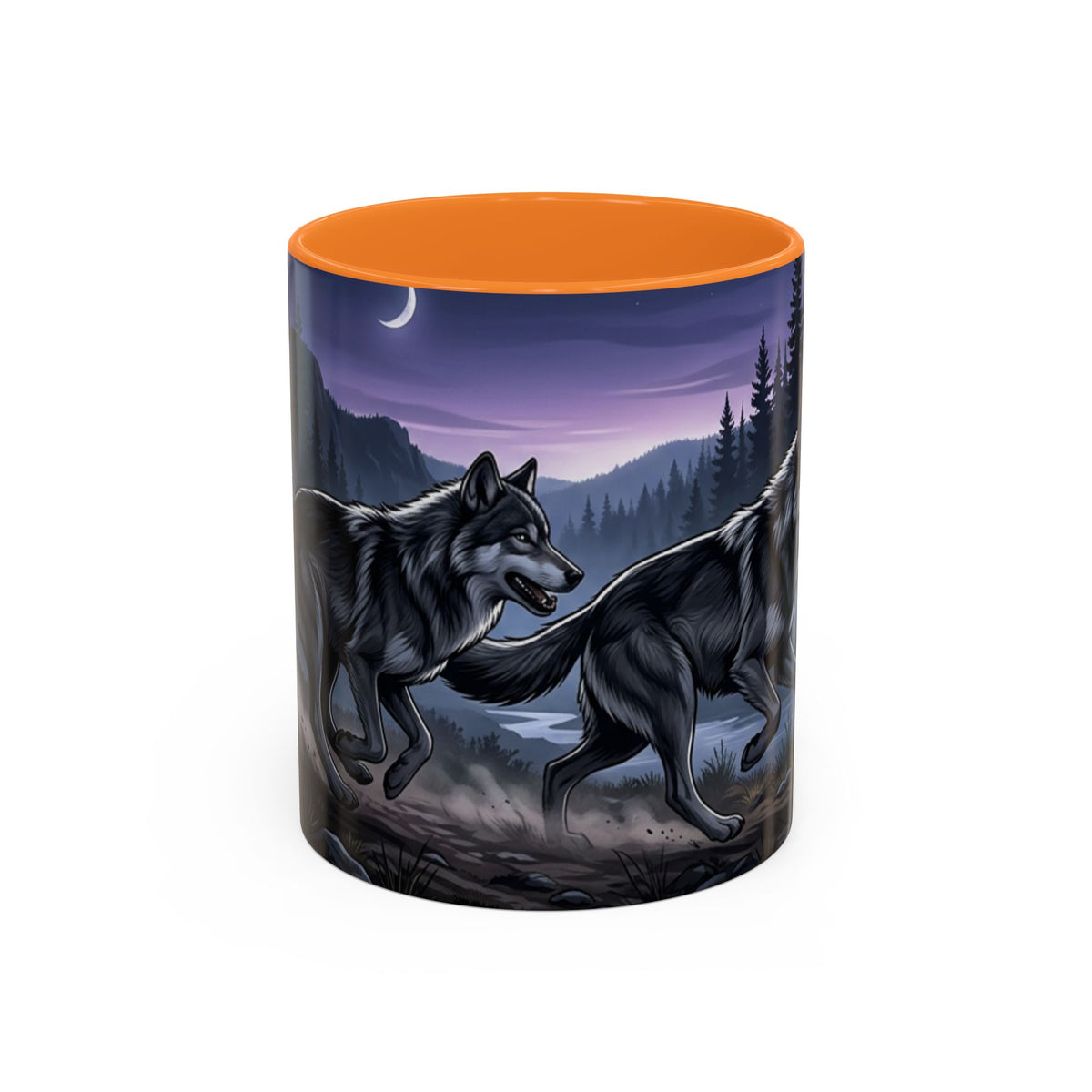 Wolf Pack Nightscape Mug — 11oz/15oz Scenic Black-Interior Coffee Cup