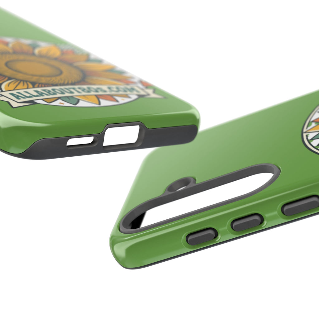 Sunflower Tough Phone Case – Green Floral Protective Case with "AllAbout80s.com" Banner
