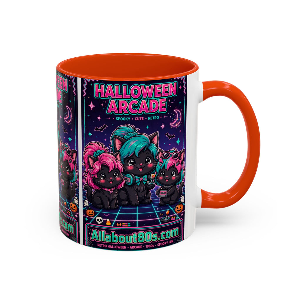 Halloween Arcade Mug — Cute Retro 80s Cat Gamers (11oz/15oz)