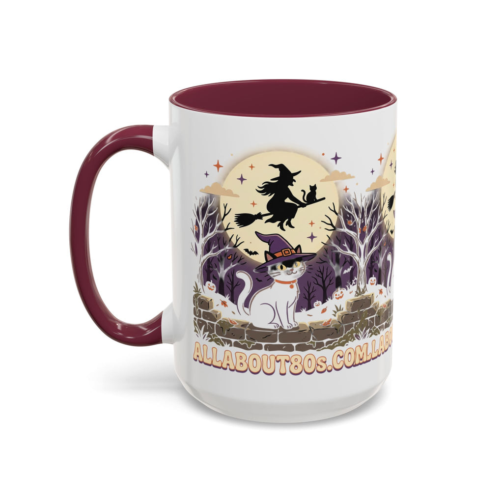 Halloween Cat Witch Mug – Cute Witch Hat Cat with Flying Witch Silhouette (11oz/15oz)