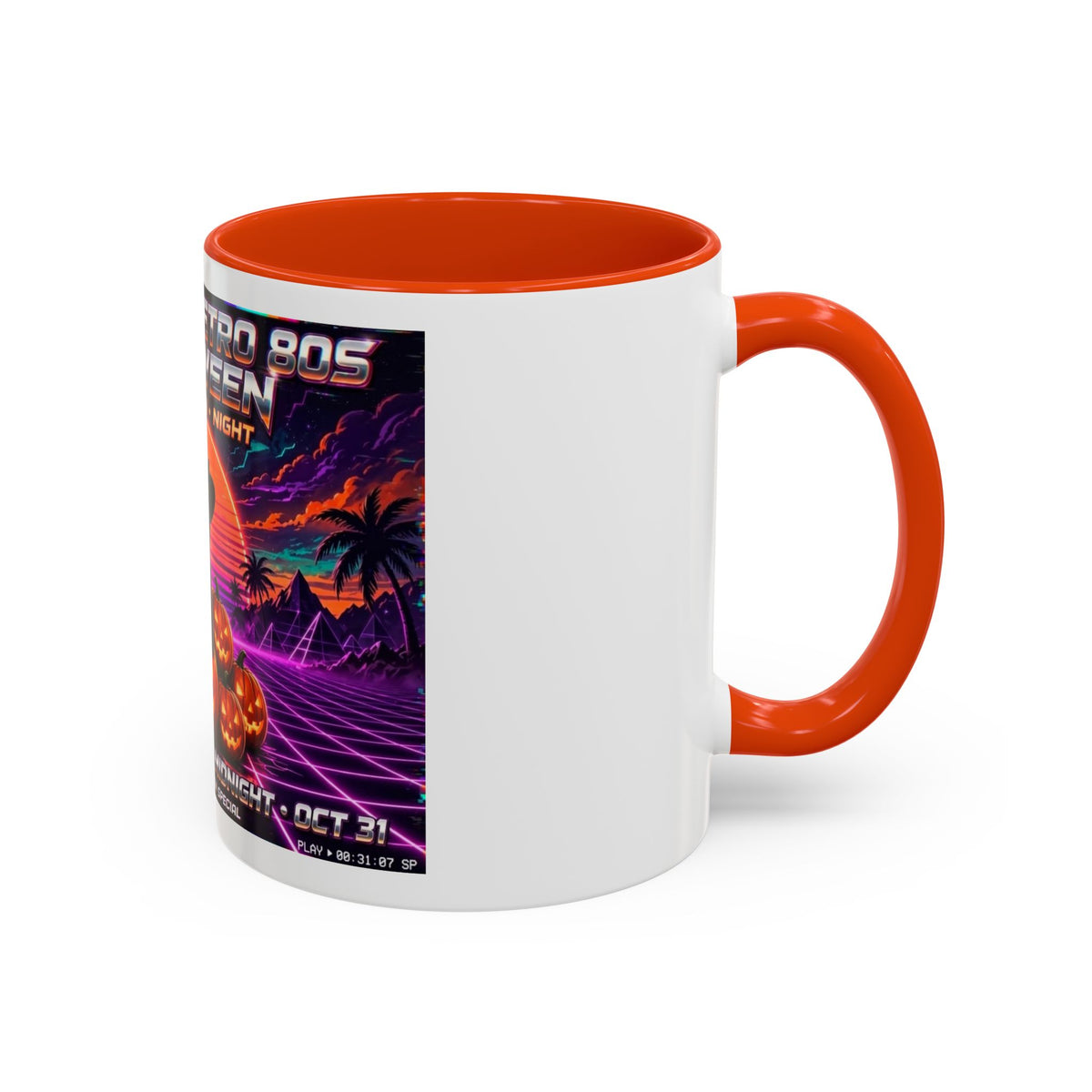 Halloween Retro Cat Mug — Neon 80s Spooky Pumpkin Coffee Cup (11oz/15oz)