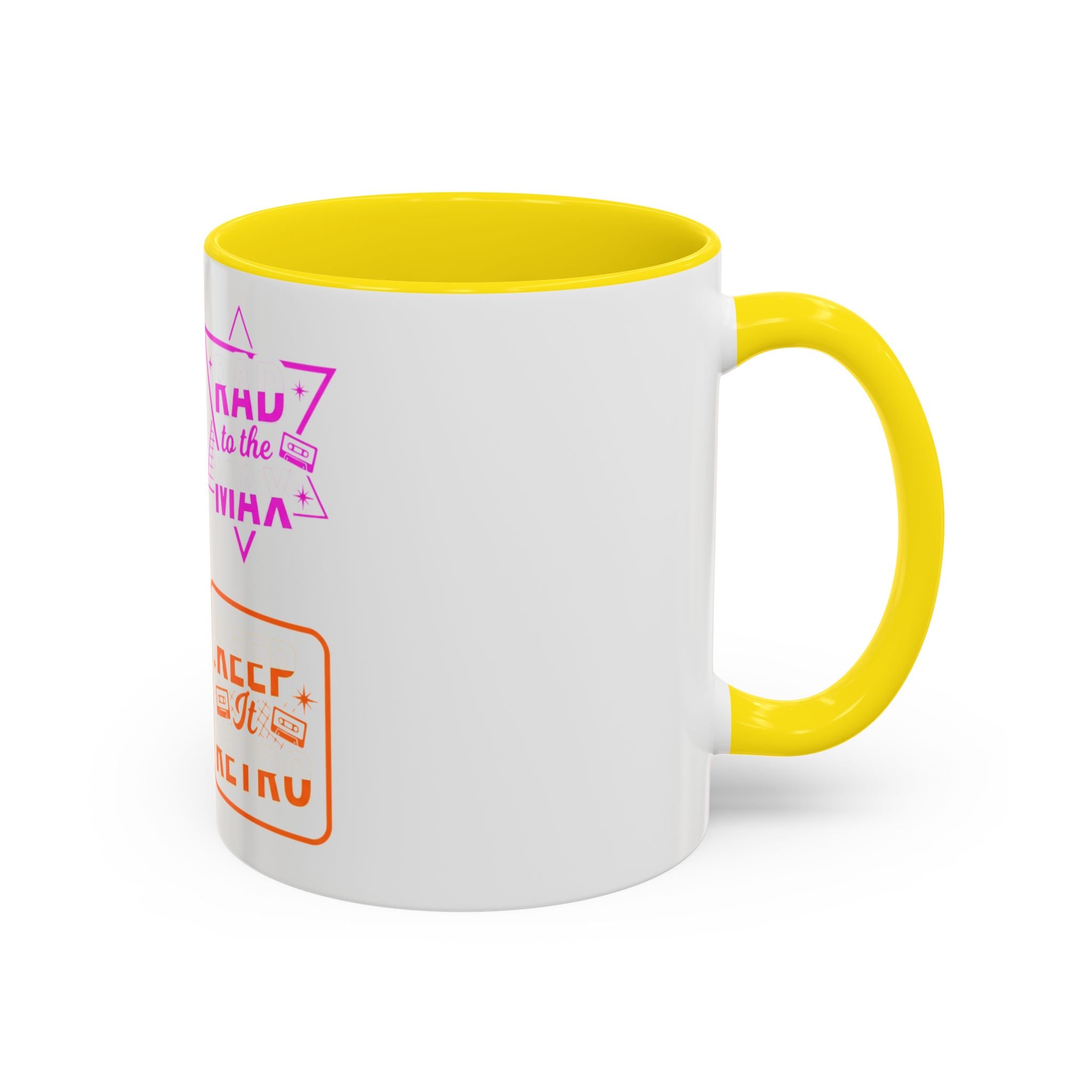Retro Gamer Badge Accent Coffee Mug — Neon 'Totally Tubular' & 80s Gamer Icons (11/15oz)