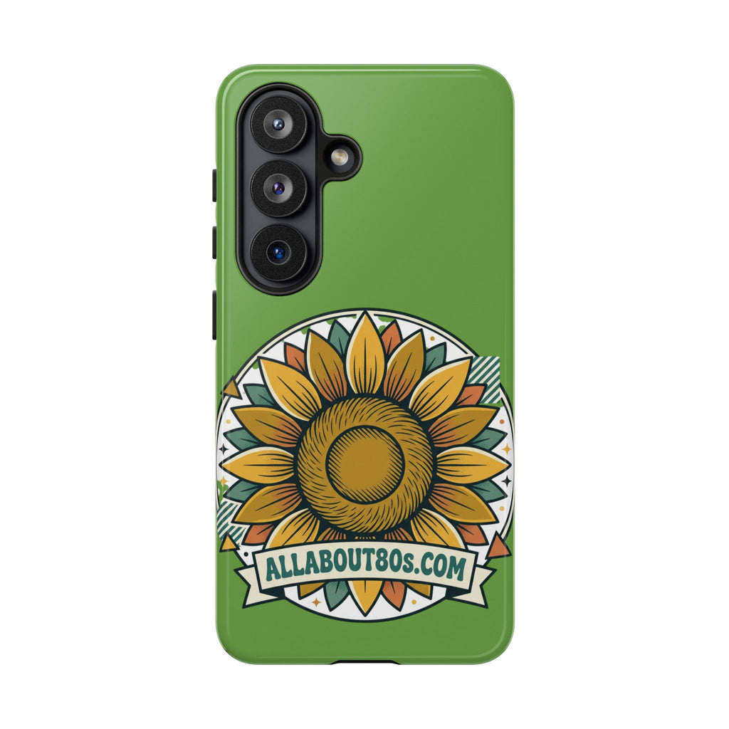 Sunflower Tough Phone Case – Green Floral Protective Case with "AllAbout80s.com" Banner