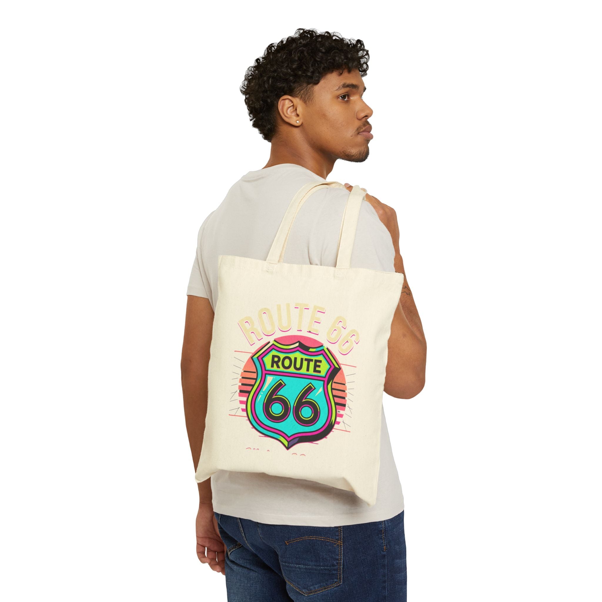 Route 66 Canvas Tote - Retro Neon Road Trip Grocery Bag