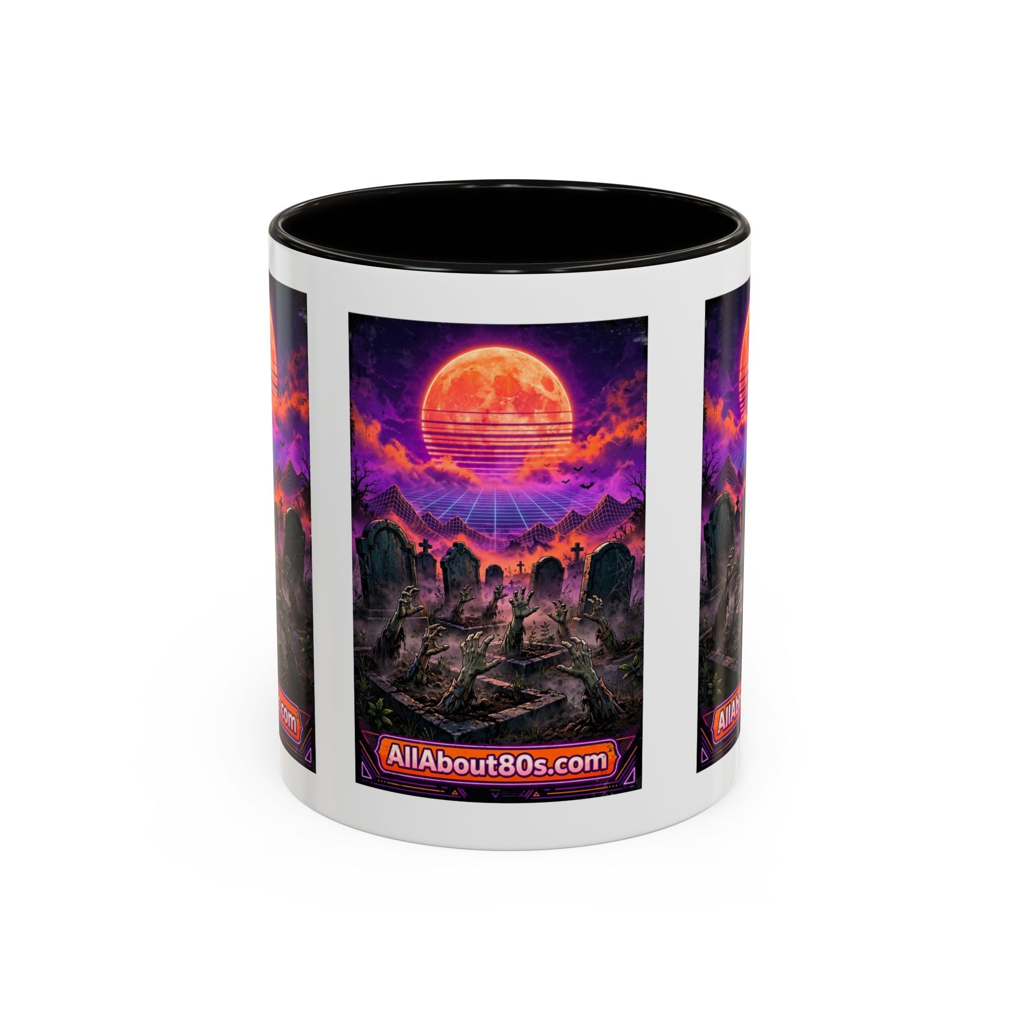 80s Retro Graveyard Sunset Mug — Vaporwave Neon Coffins Coffee Cup (11oz/15oz)