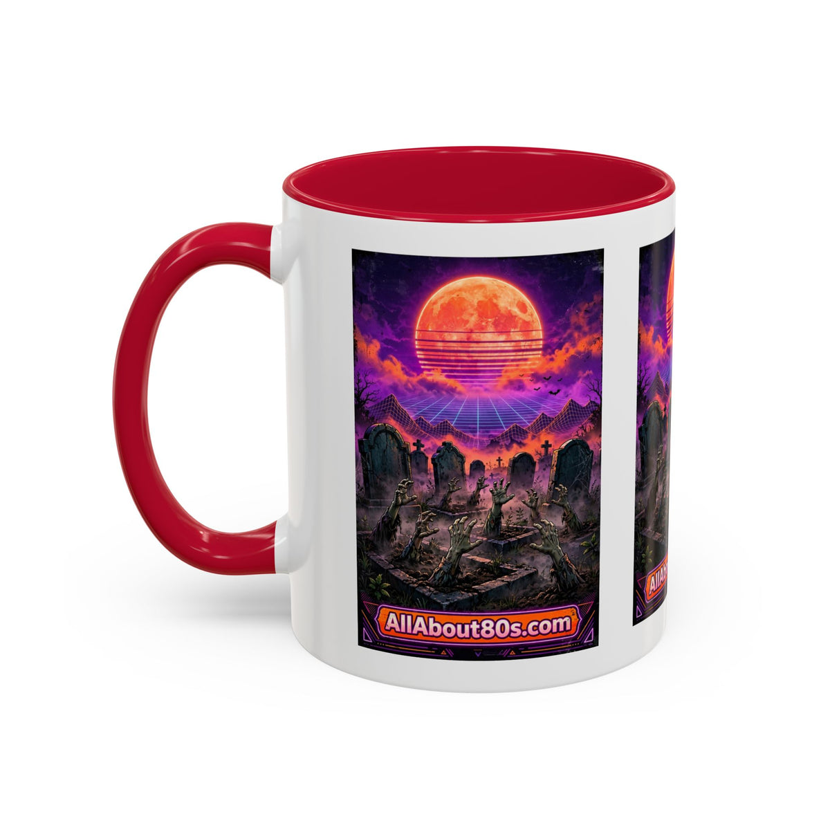 80s Retro Graveyard Sunset Mug — Vaporwave Neon Coffins Coffee Cup (11oz/15oz)