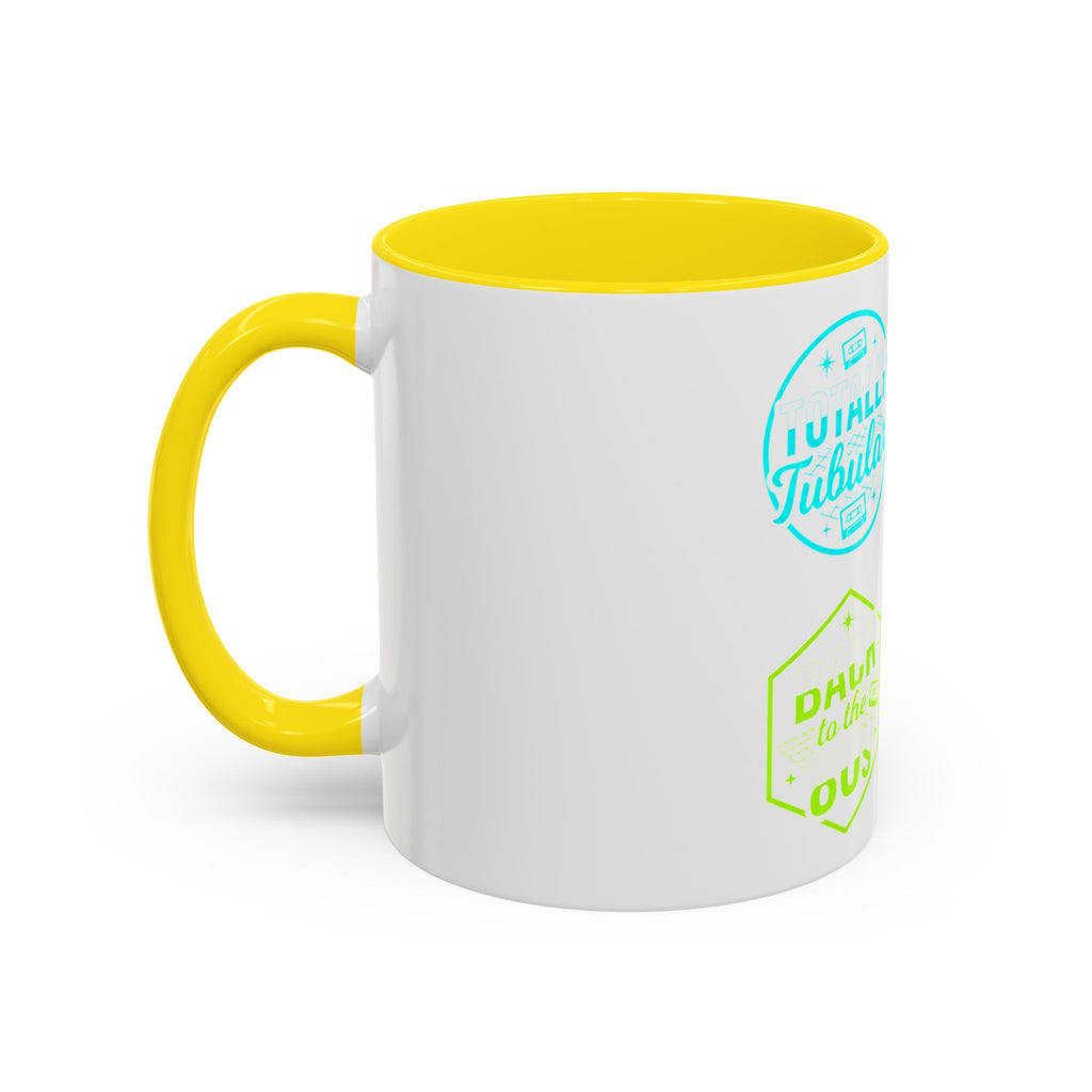 Retro Gamer Badge Accent Coffee Mug — Neon 'Totally Tubular' & 80s Gamer Icons (11/15oz)