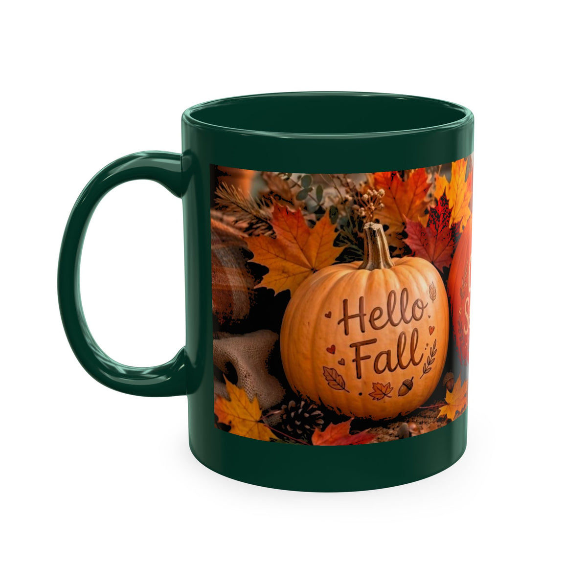 Hello Fall Ceramic Mug — Cozy Pumpkin & Autumn Leaves Coffee Cup