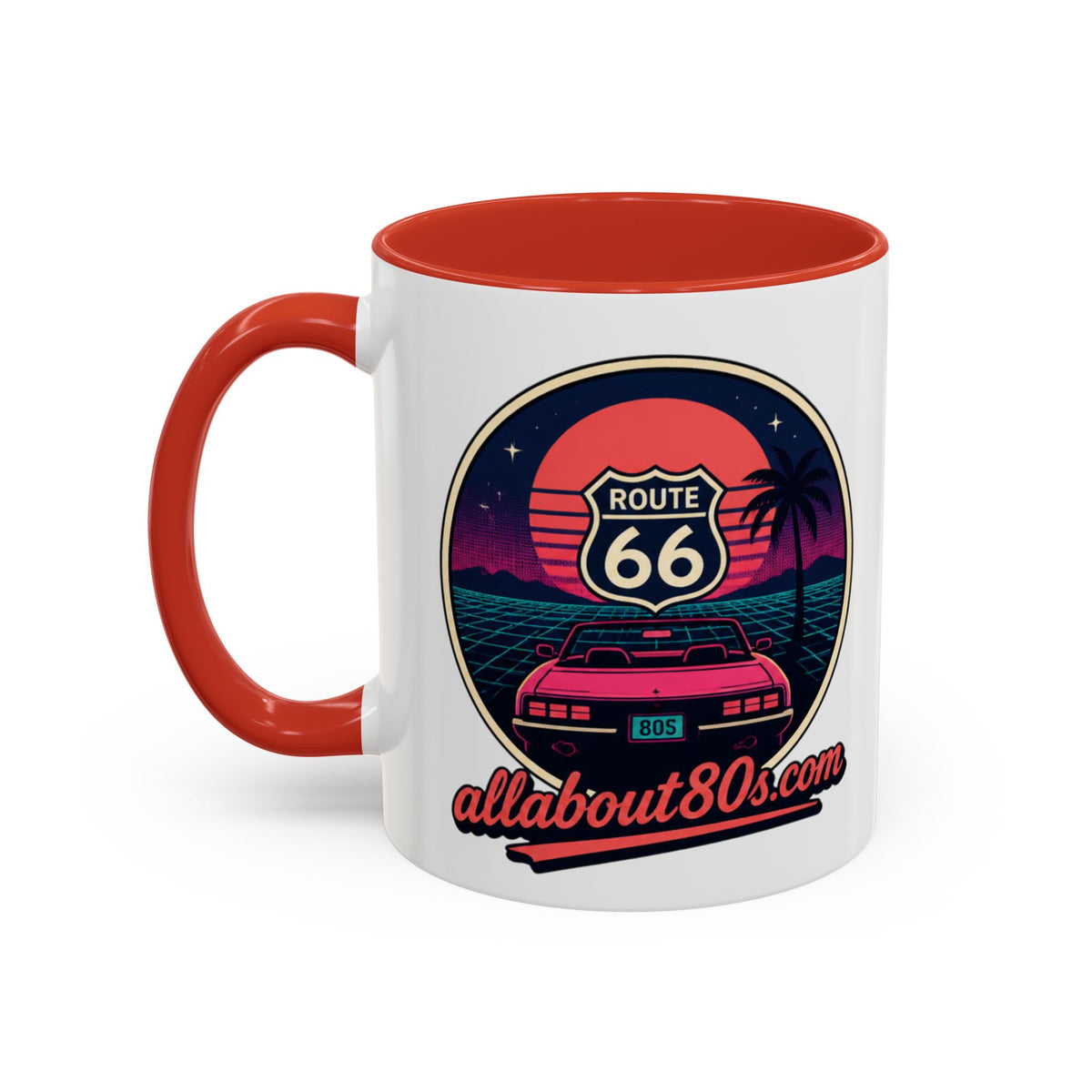Route 66 Retro 80s Accent Coffee Mug — 'allabout80s' Vintage Sunset Design (11/15oz)