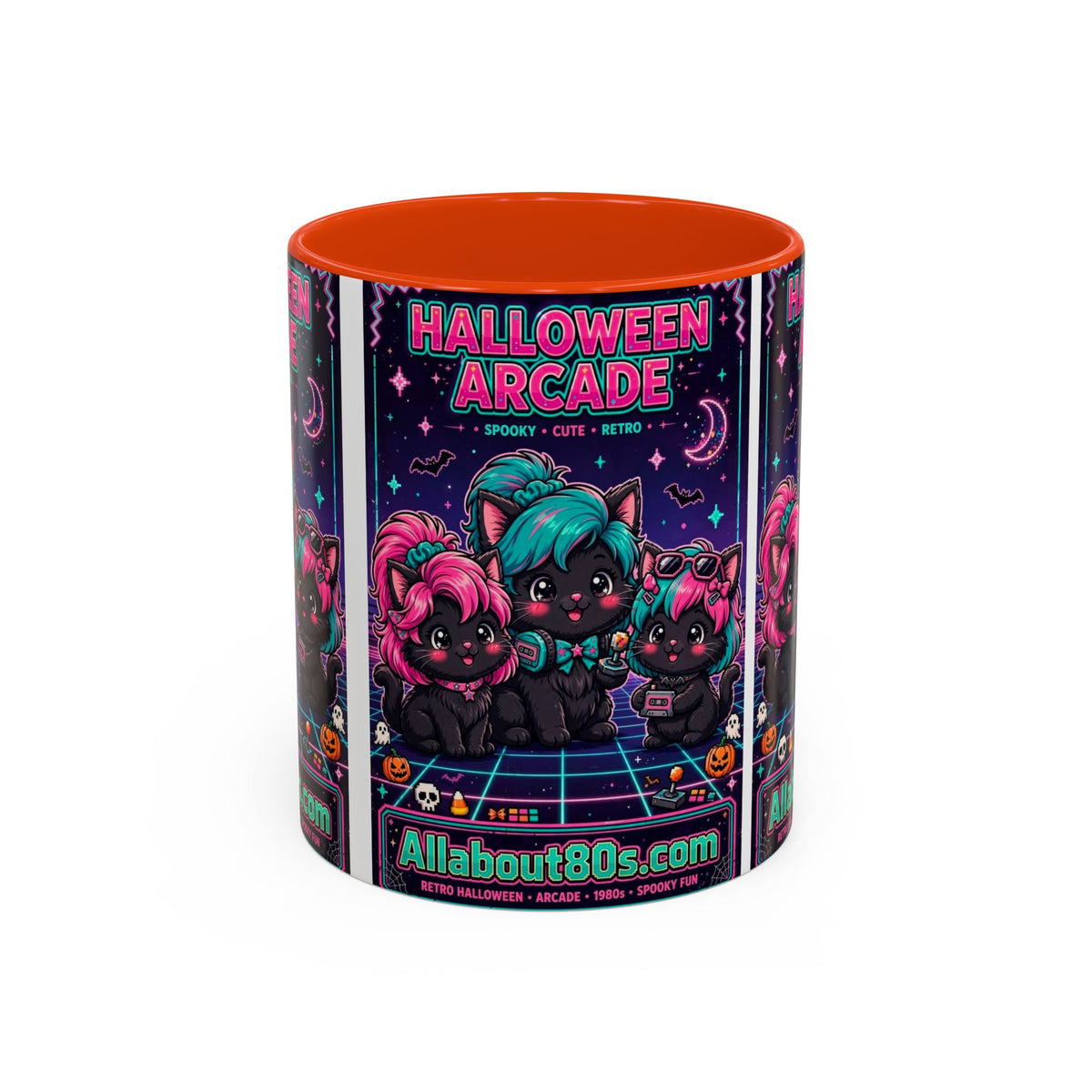 Halloween Arcade Mug — Cute Retro 80s Cat Gamers (11oz/15oz)