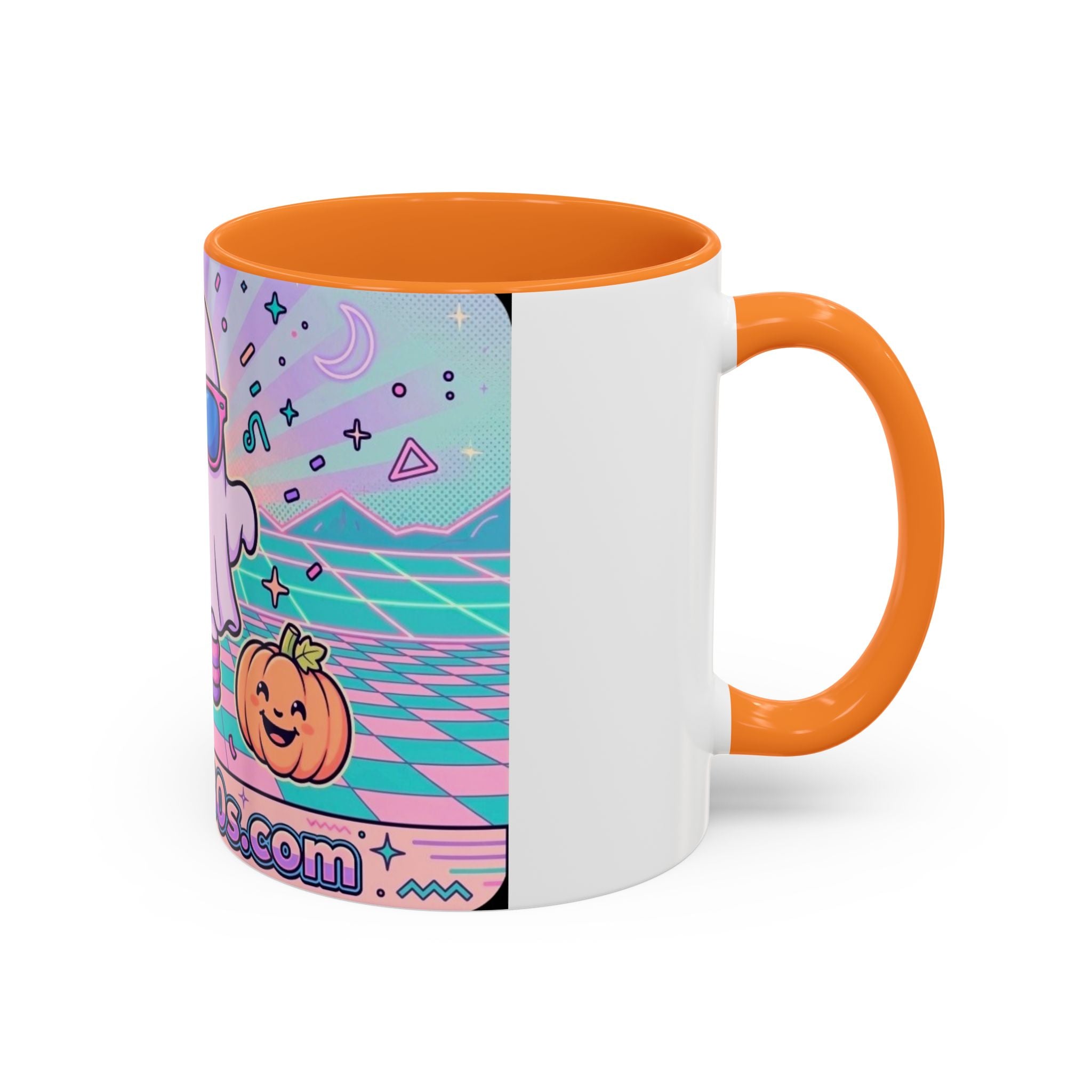 80s Vaporwave Ghost Coffee Mug — Cute Halloween Pumpkin Retro Design (11oz/15oz)