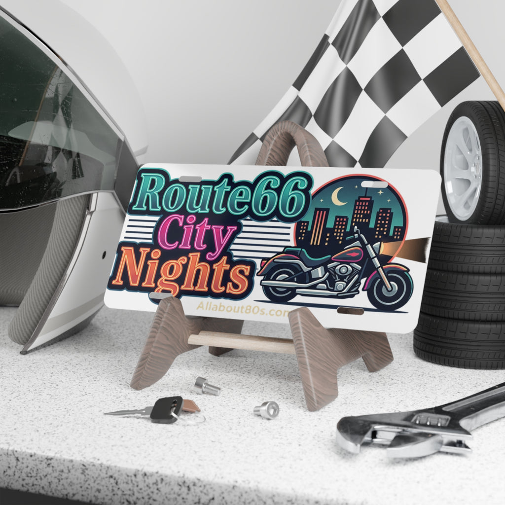 Route 66 City Nights Motorcycle Vanity Plate – Retro Neon Road Trip License Tag